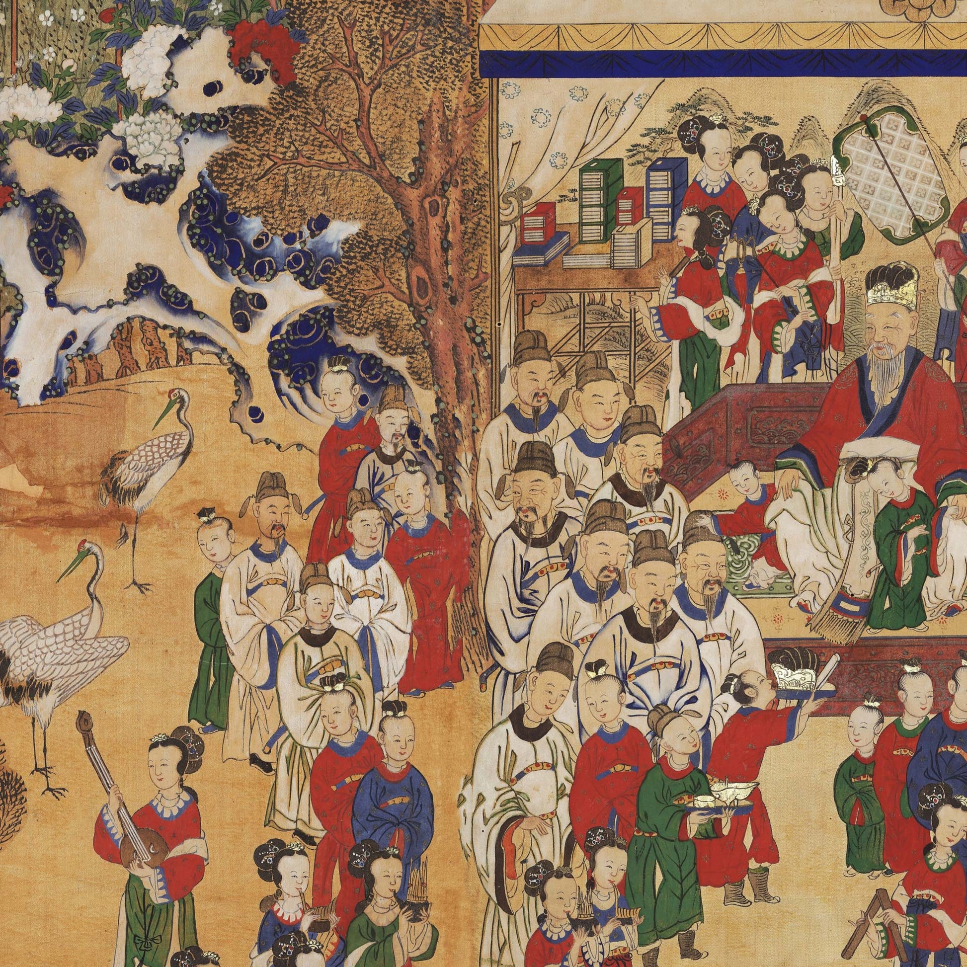 Closeup of a large court assembly featuring an official seated on a platform, surrounded by attendants, musicians, and a crane standing near a pine tree.