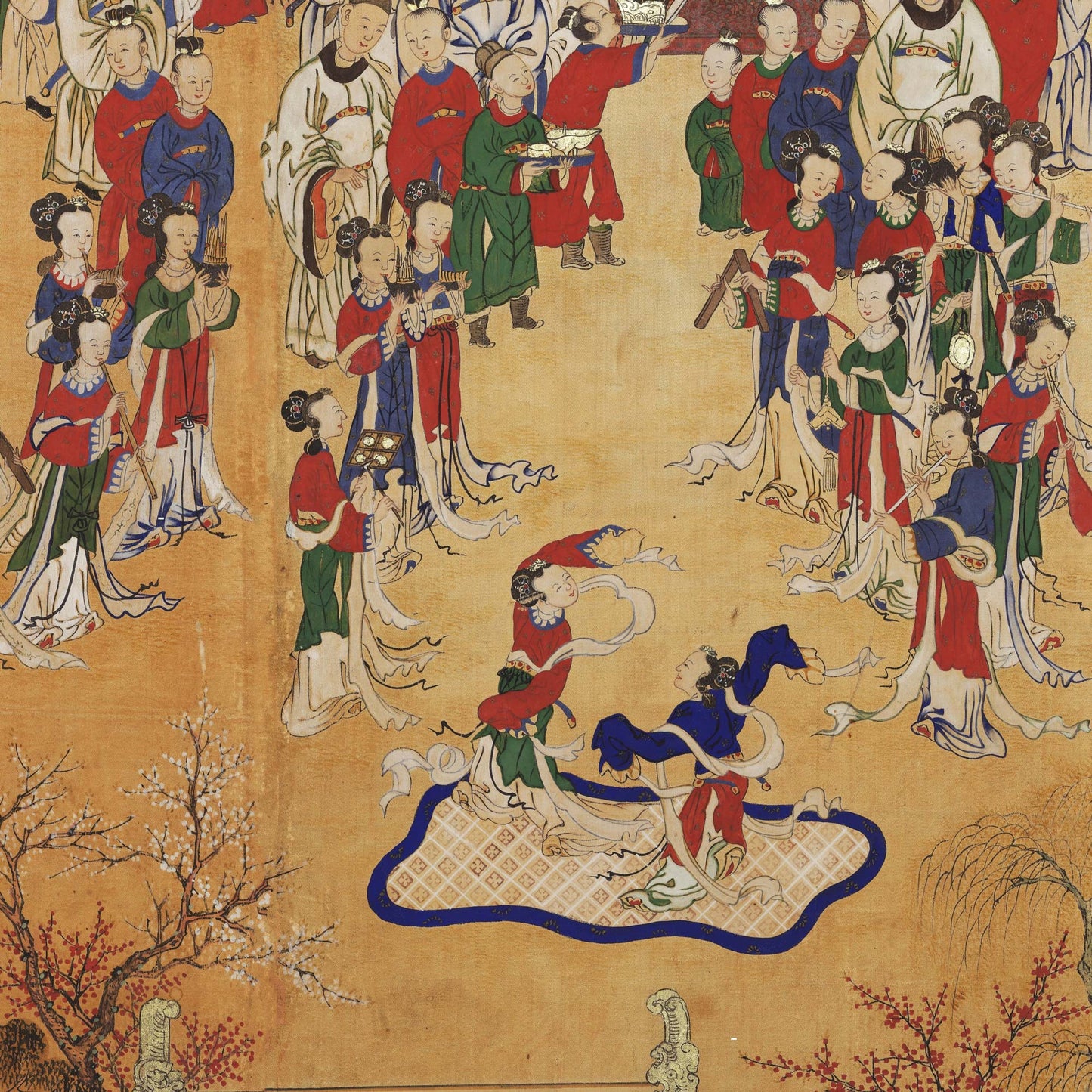 Macro shot of Antique Korean Panel Wallpaper depicting traditional court dancers and musicians performing for a gathering of robed figures.