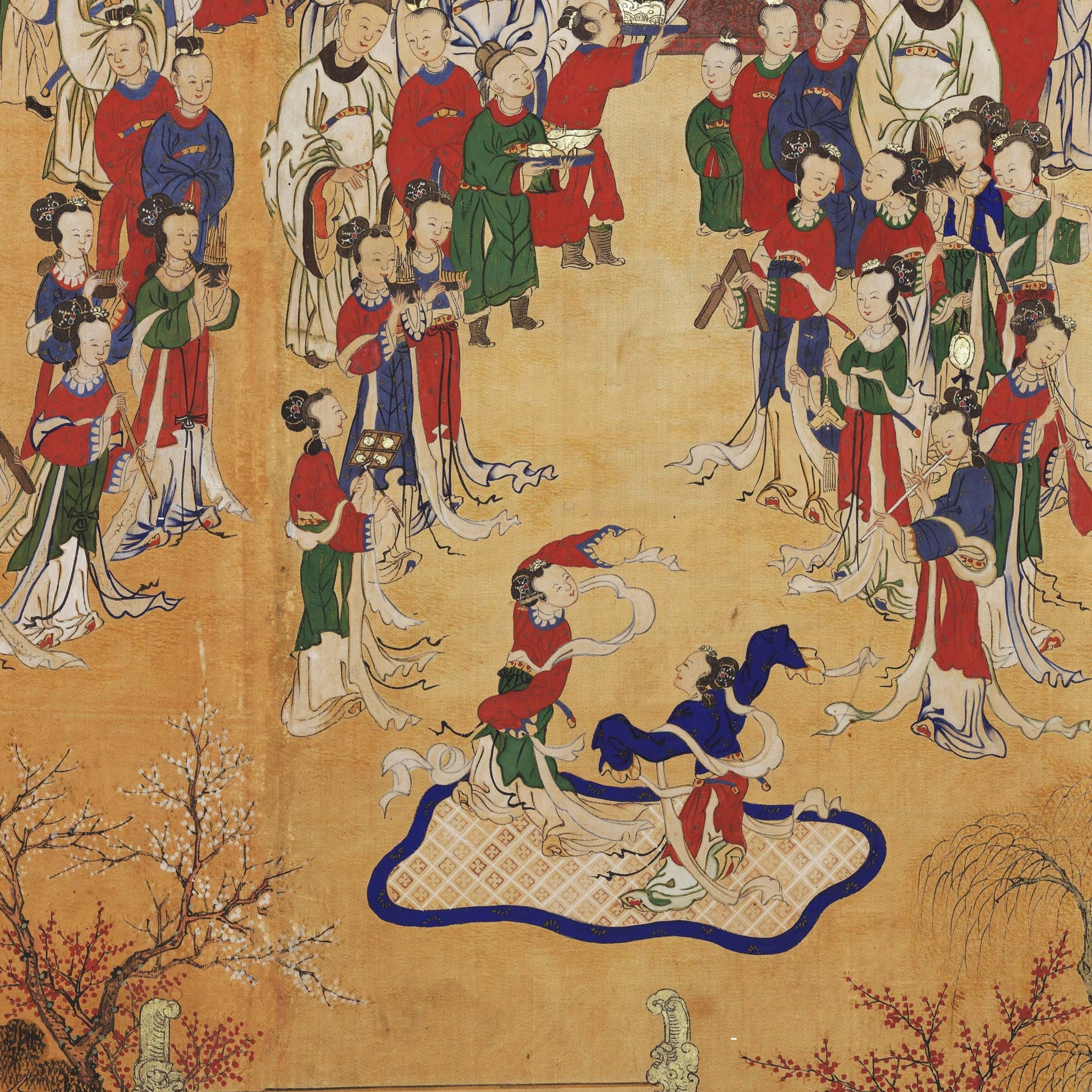 Macro shot of Antique Korean Panel Wallpaper depicting traditional court dancers and musicians performing for a gathering of robed figures.