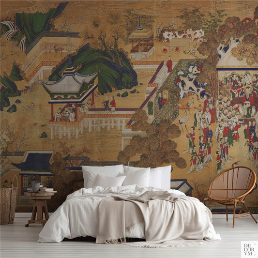 Full-wall view of the Antique Korean Panel Wallpaper Mural in a bohemian bedroom setting, showcasing the complete intricate design of mountains, courtyards, and figures.