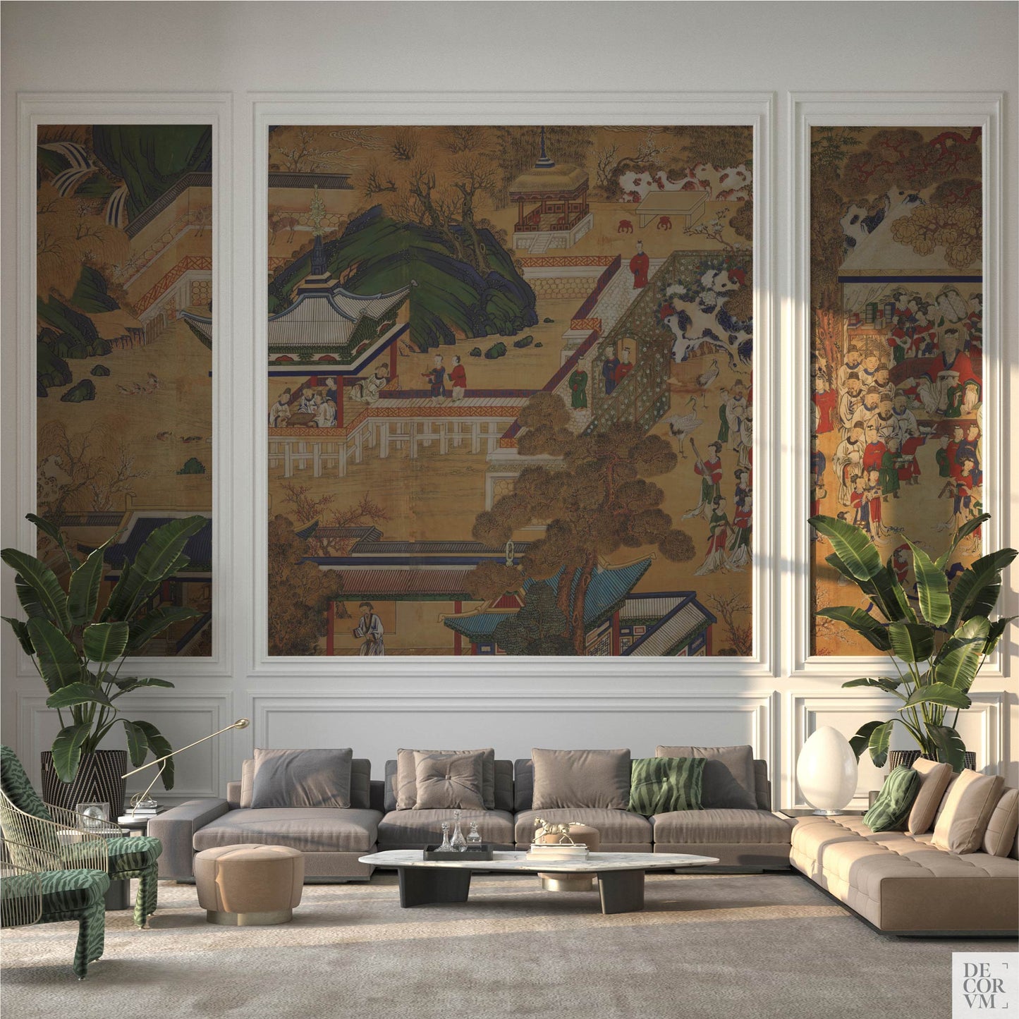 Luxury living room featuring the Antique Korean Panel Wallpaper Mural separated into three large panels within white wall molding, complemented by velvet furniture and large plants.