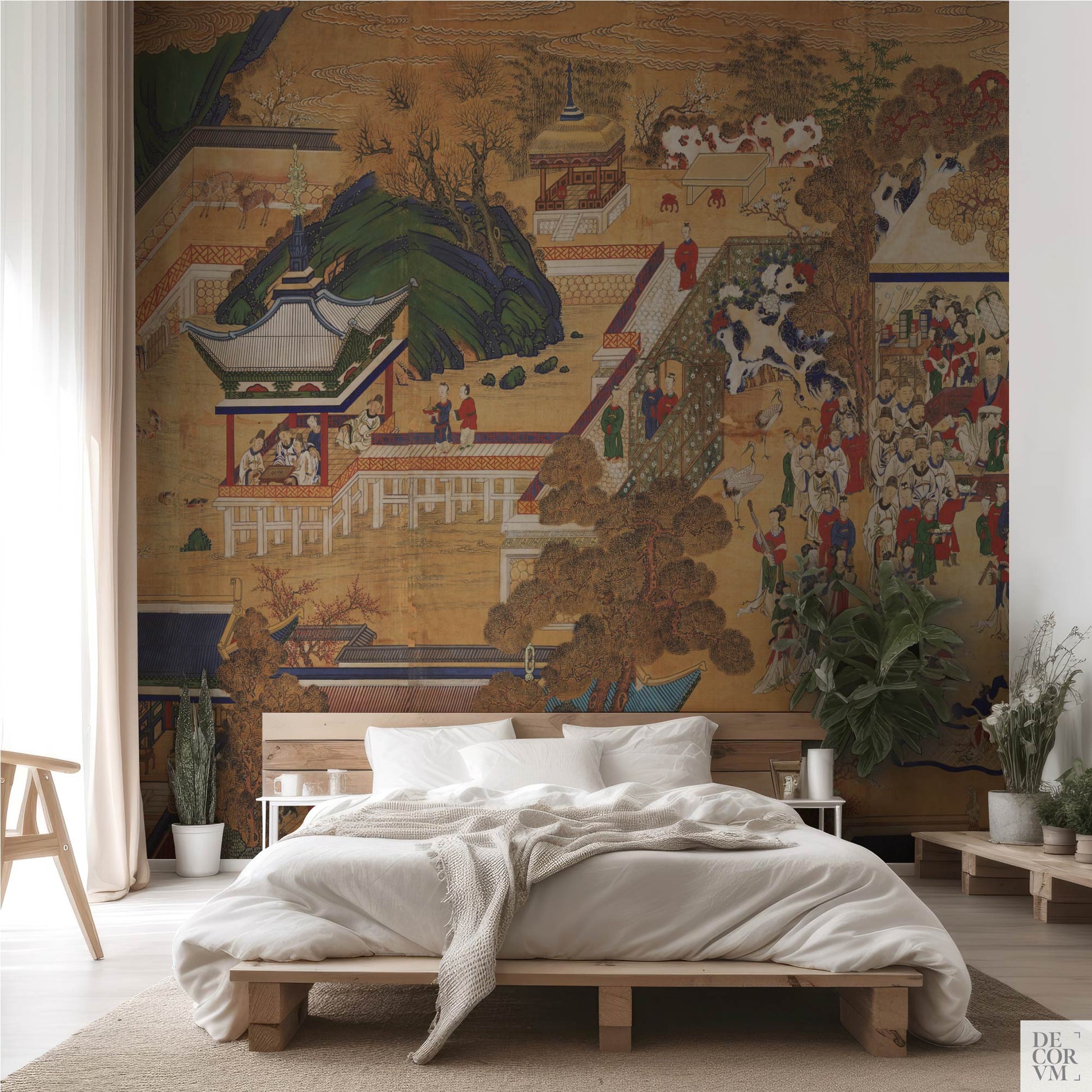 Antique Korean Panel Wallpaper Mural featuring a detailed palace garden scene with pagodas and pine trees, installed behind a bed in a bright, natural wood bedroom.