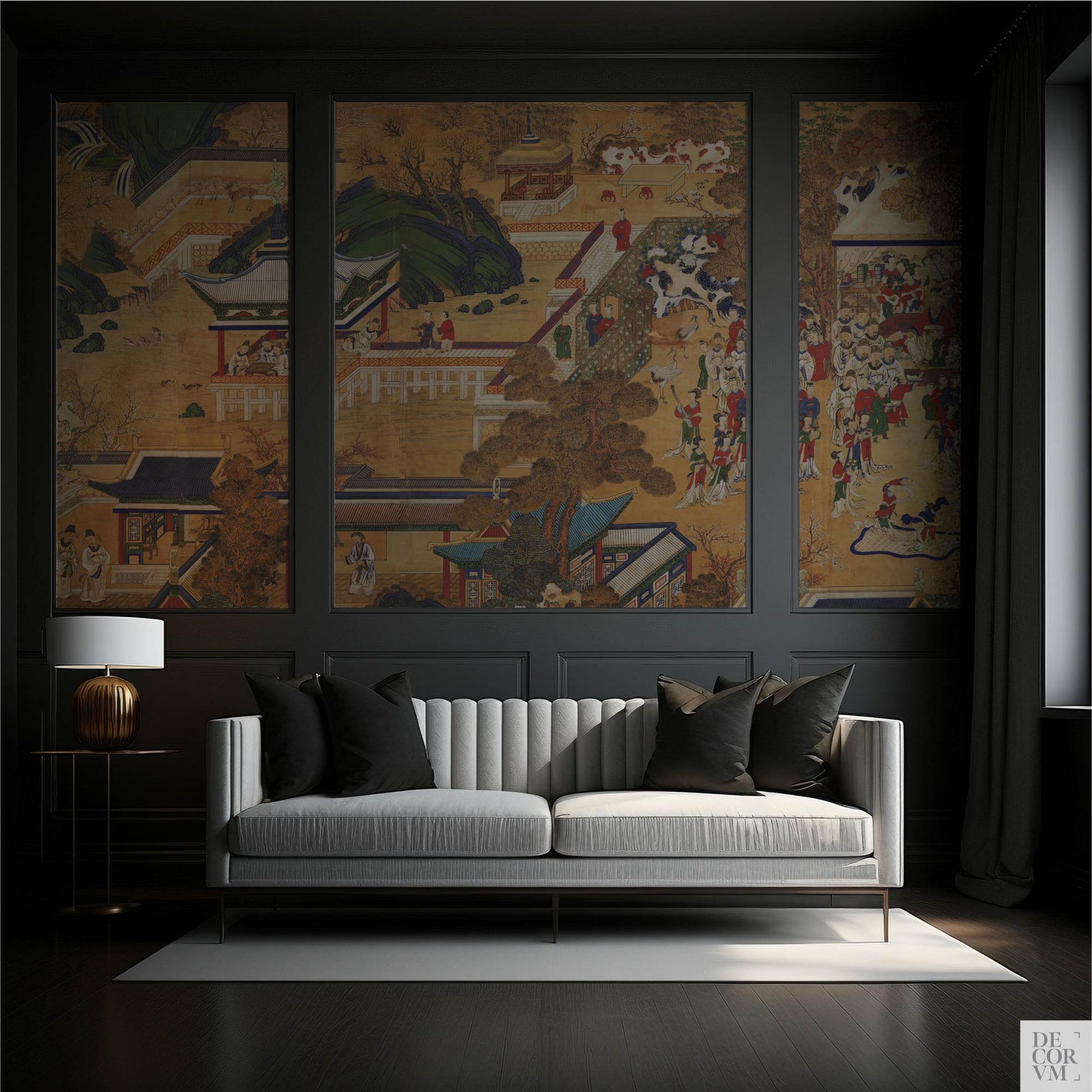 Antique Korean Panel Wallpaper Mural installed as three separate framed art panels in a dramatic, dark-walled living room with a white modern sofa.
