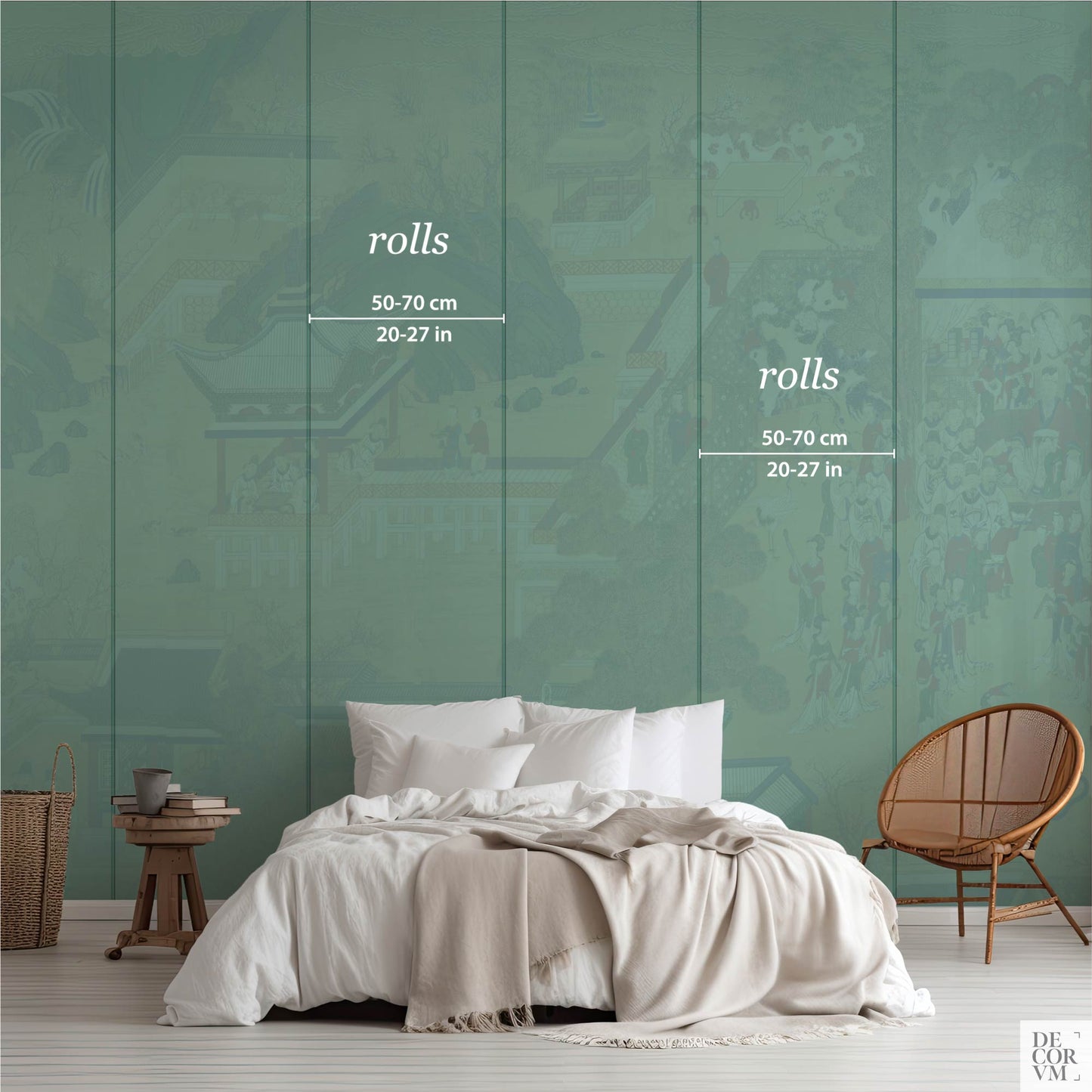 Installation guide diagram for the Antique Korean Panel Wallpaper Mural, showing vertical roll divisions and standard roll widths of 50-70 cm (20-27 in).