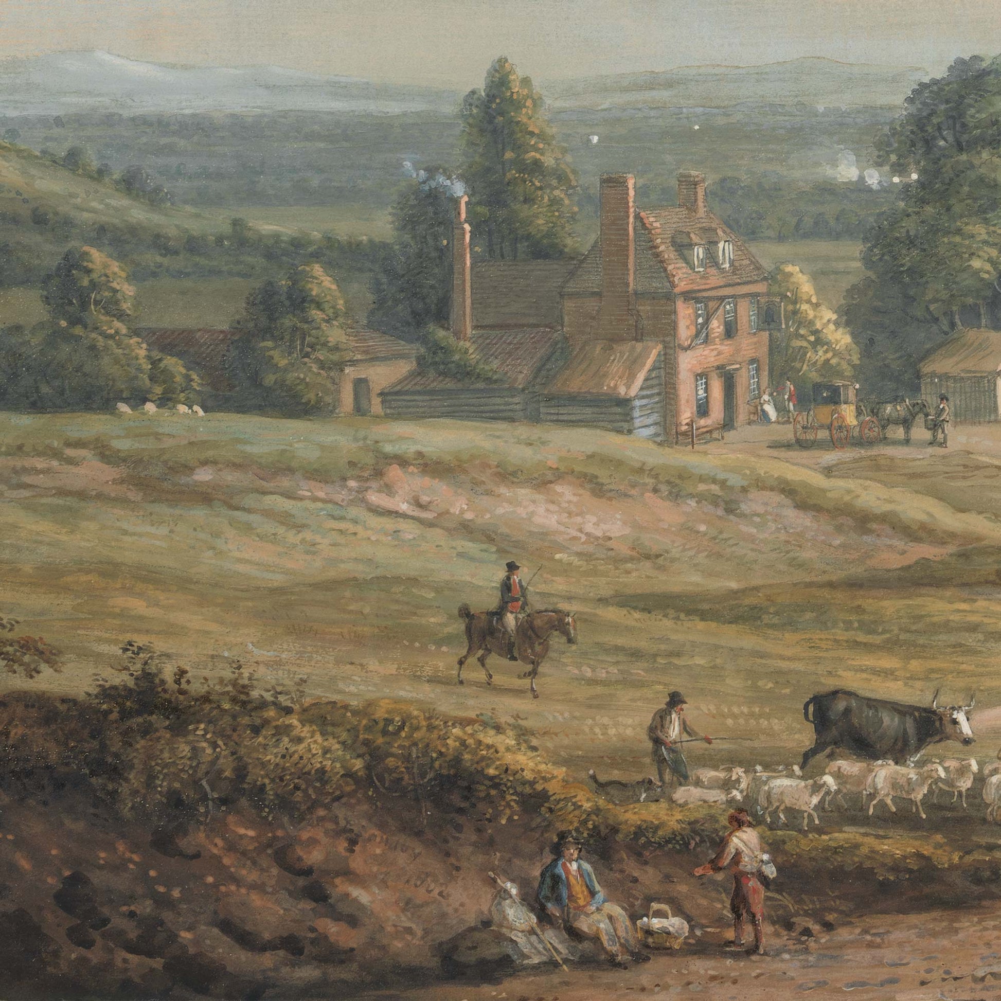 Close-up of a rustic countryside inn with riders, shepherds, and sheep, from a pastoral landscape mural.
