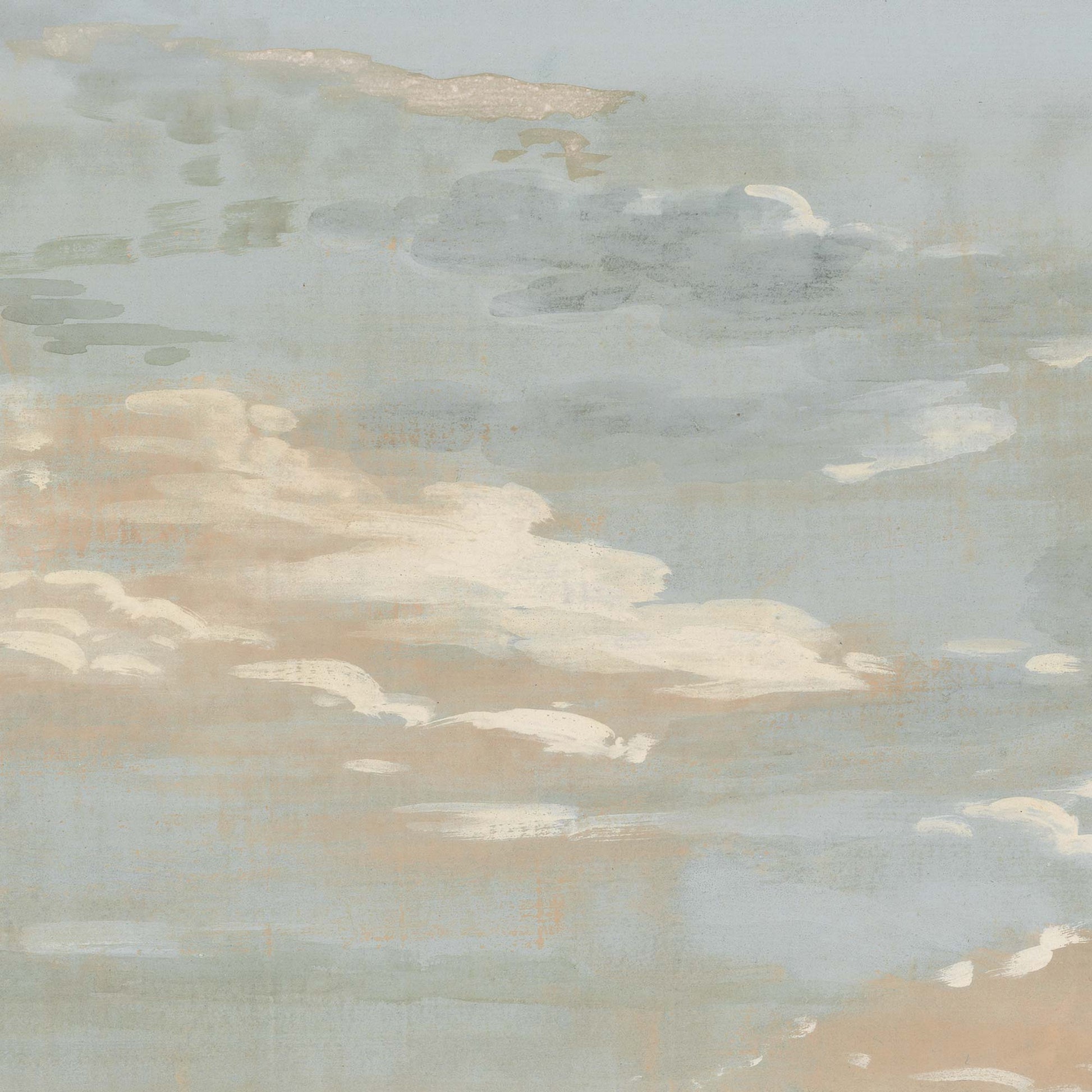 Soft pastel clouds floating over the landscape in a classic English countryside mural.