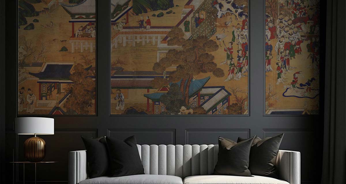 Decorvm banner: chinoiserie mural panels in a charcoal-paneled living room with a modern sofa—luxury wallpaper murals for refined interiors.