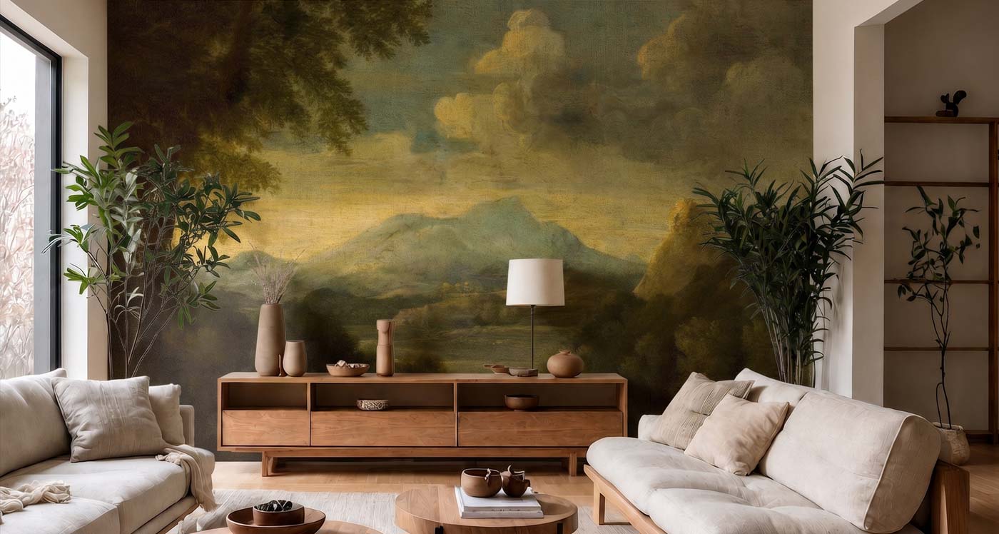 Living room with landscape wallpaper mural in dark academia style, neutral modern furniture, wooden console, and indoor plants.