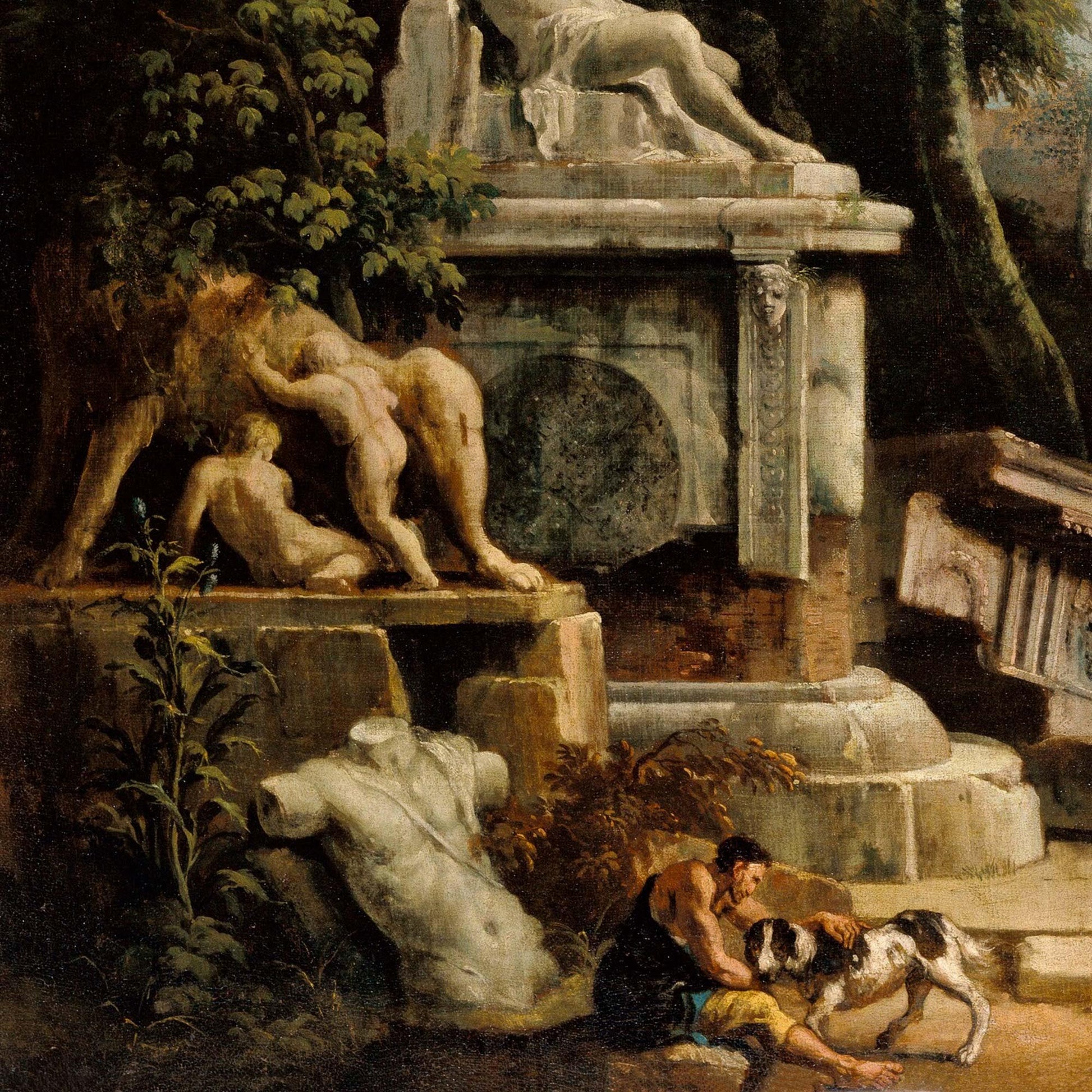 Close-up of a man playing with a dog near ancient marble statues and overgrown ruins, from an 18th-century landscape painting by Sebastiano and Marco Ricci