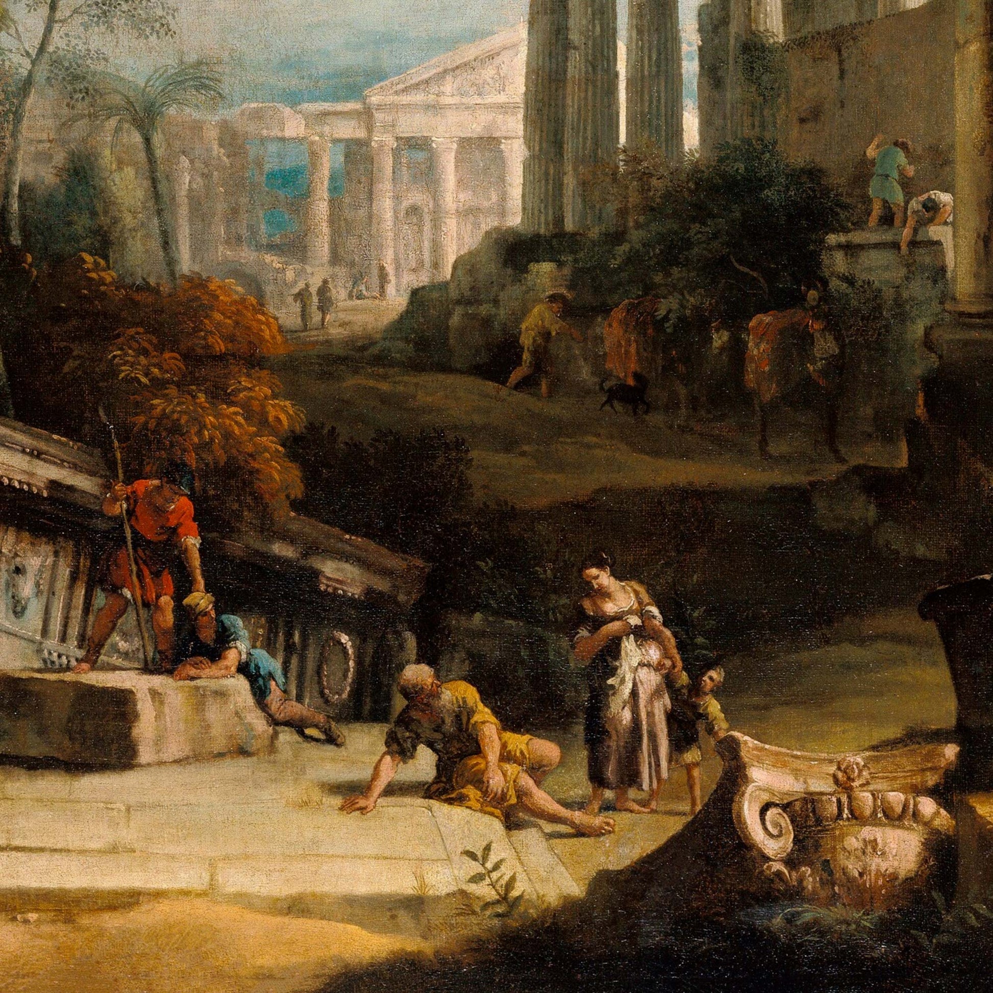 Group of figures walking and resting among broken classical fragments and temple ruins in a painted architectural fantasy