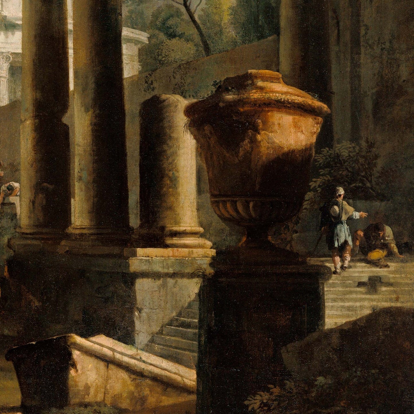 Massive weathered urn and towering columns in dramatic shadow, with distant figures descending stone steps in a ruinous cityscape