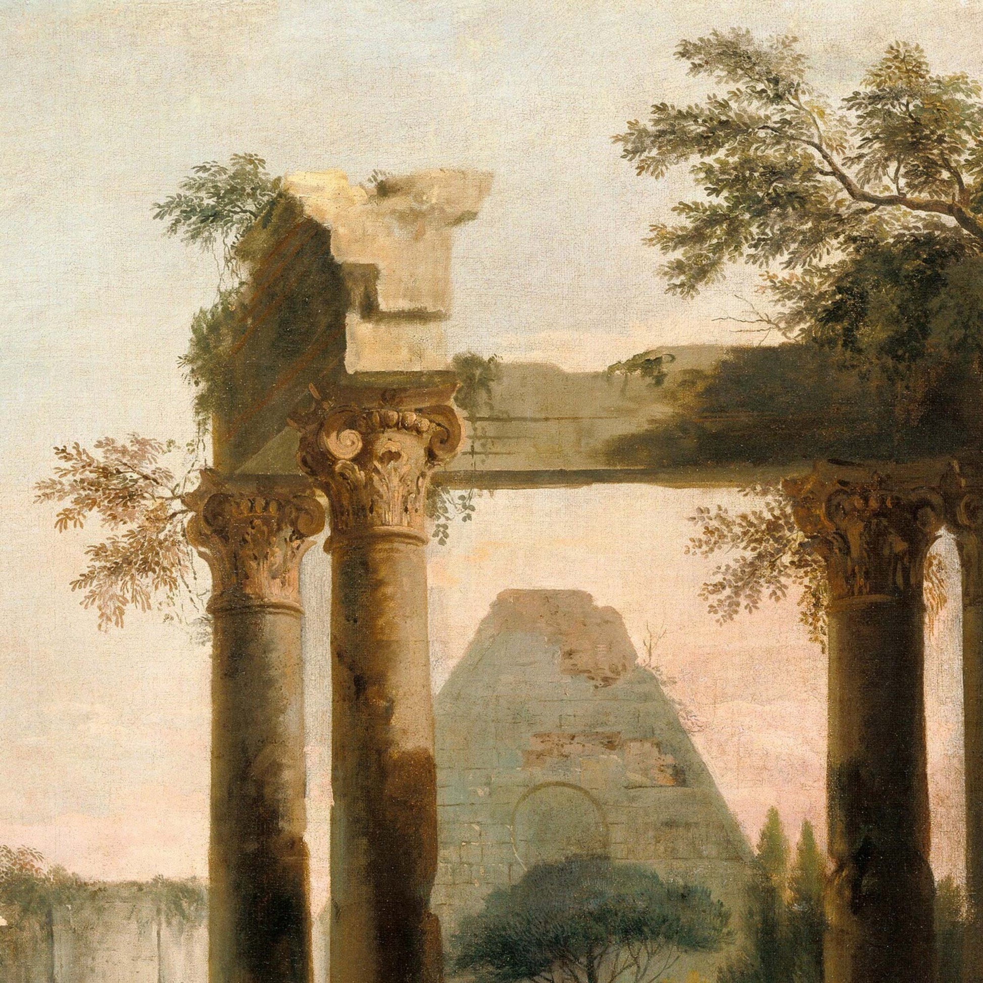 Top of classical Corinthian columns with trailing vines, set against a distant crumbling pyramid and pastel sky