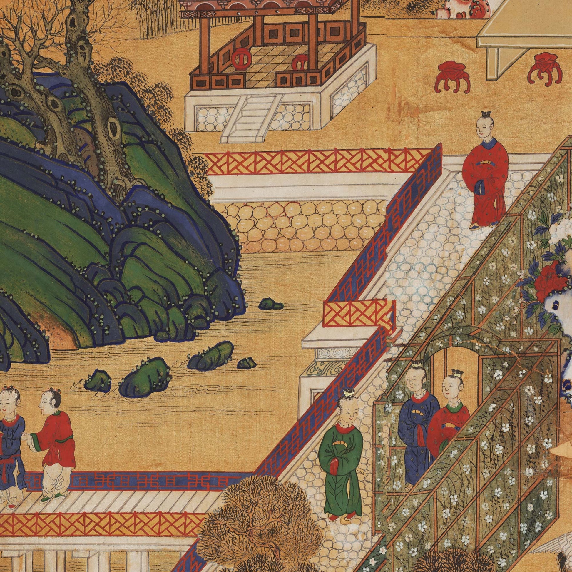 Detail of antique Korean wallpaper with green and blue rocks, a pavilion, figures in red and green robes, and stone walkways