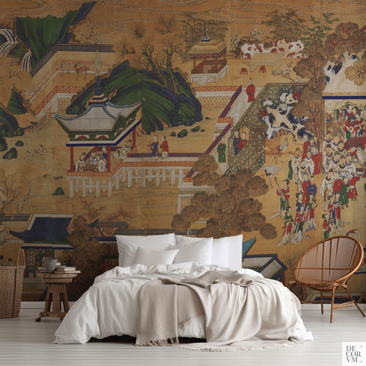 Antique Korean Panel Wallpaper in a bedroom with white bedding and wooden furniture