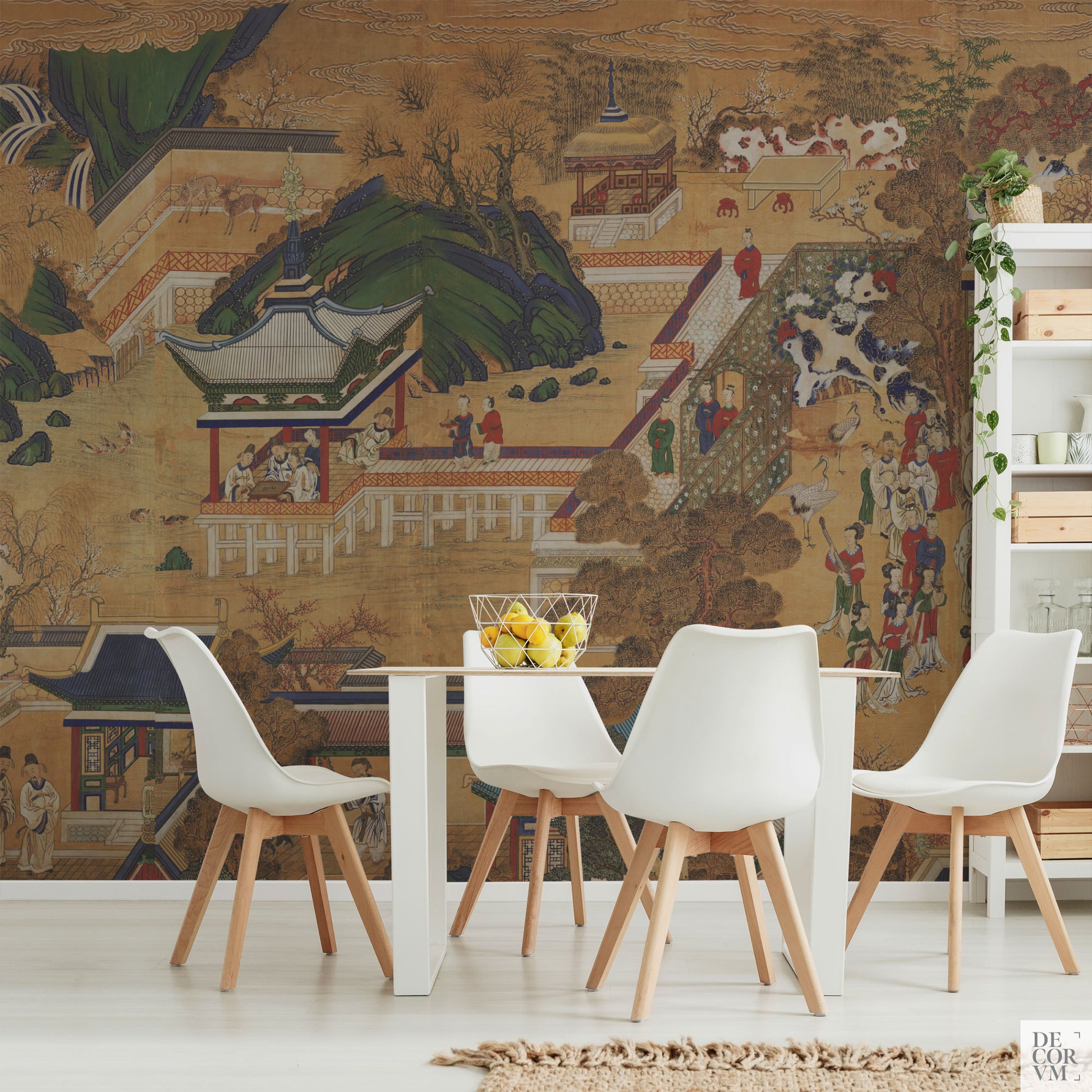 Antique Korean artwork wallpaper mural with palace scene and figures, featured behind a modern white dining table with wooden legs.