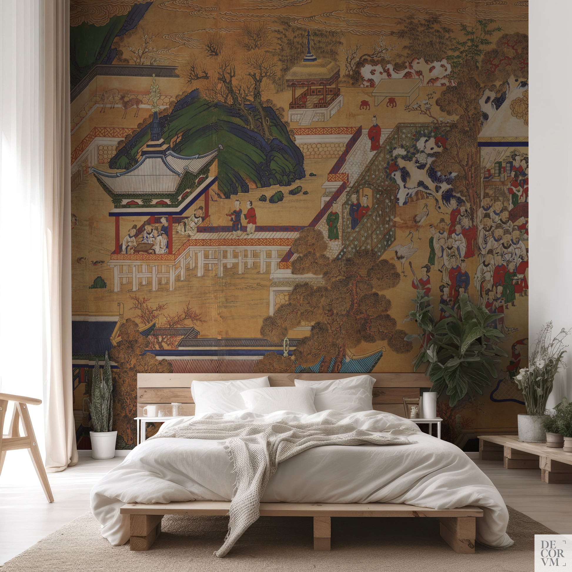 Wall mural with detailed Korean court scene from traditional painting, styled in a minimal bedroom with natural wood bed and indoor plants.