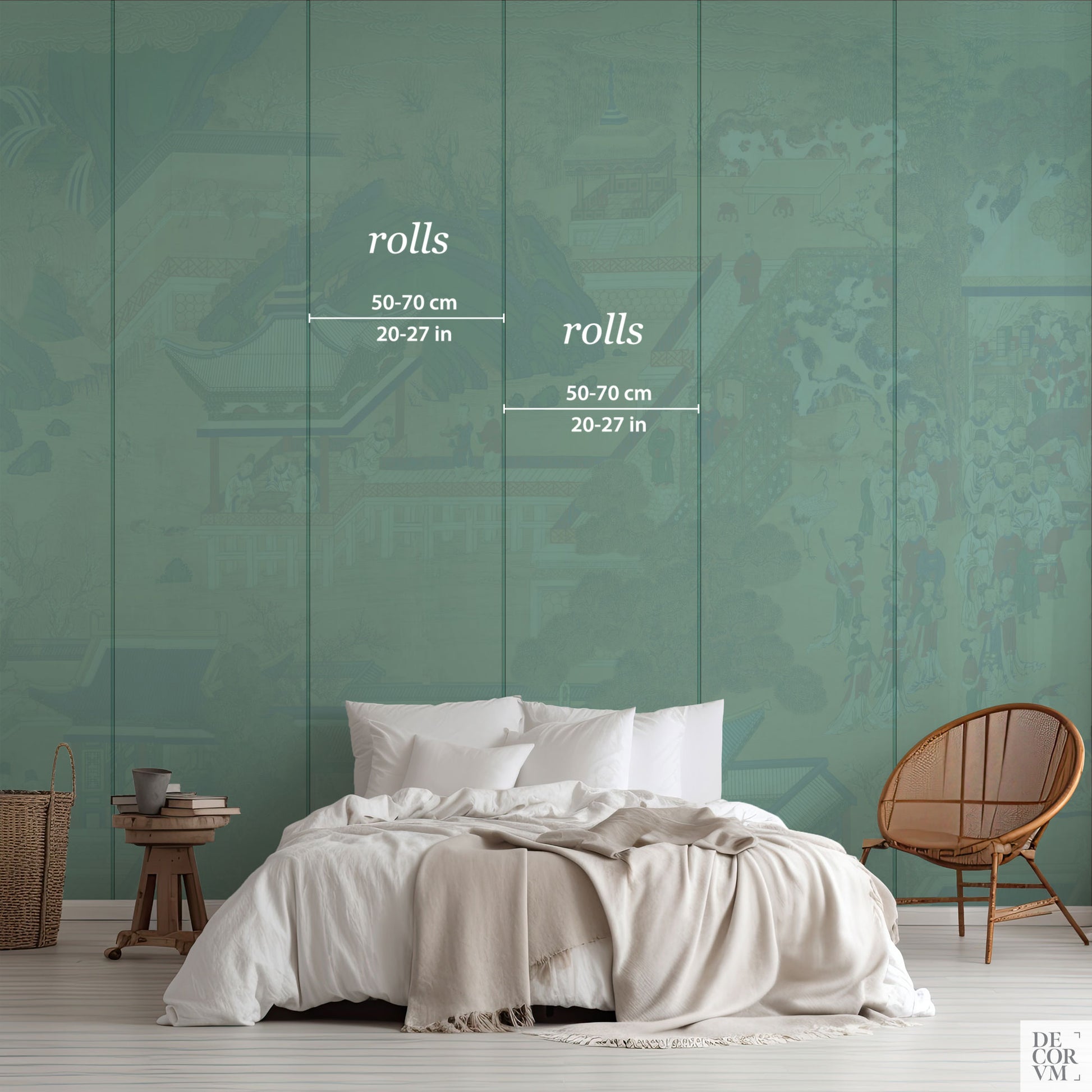 Size guide for wallpaper mural showing vertical panel layout and roll width options, overlaid on faint Korean artwork background.