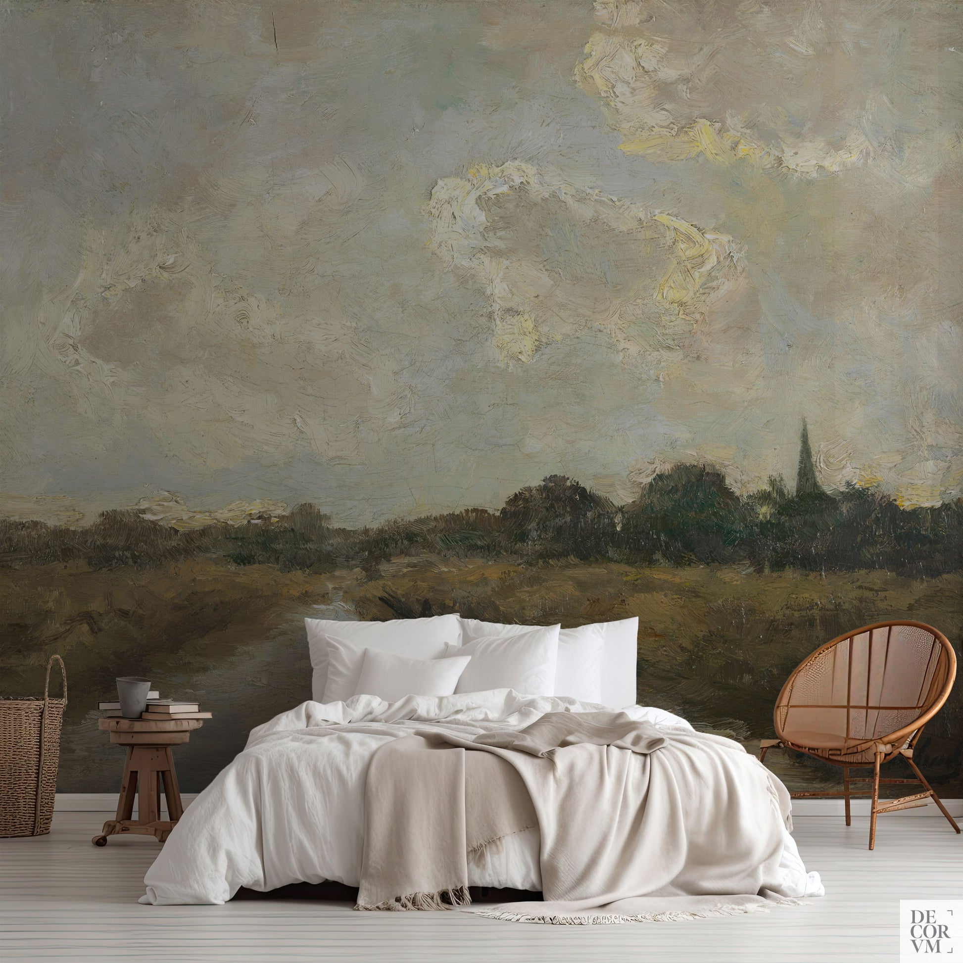 Oil painting landscape wallpaper mural in a bedroom
