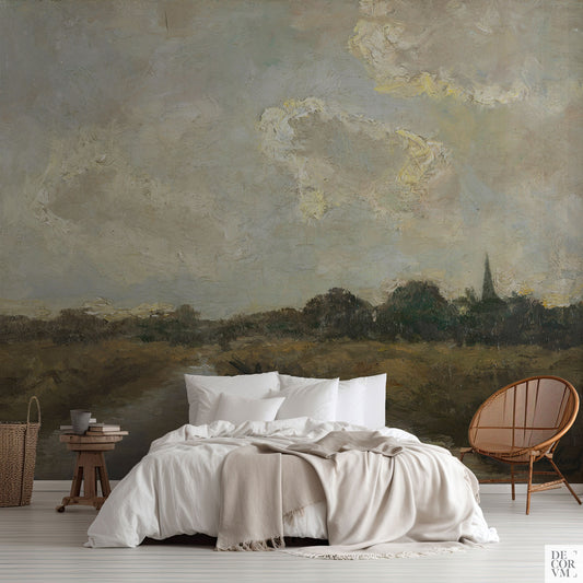 Oil painting landscape wallpaper mural in a bedroom