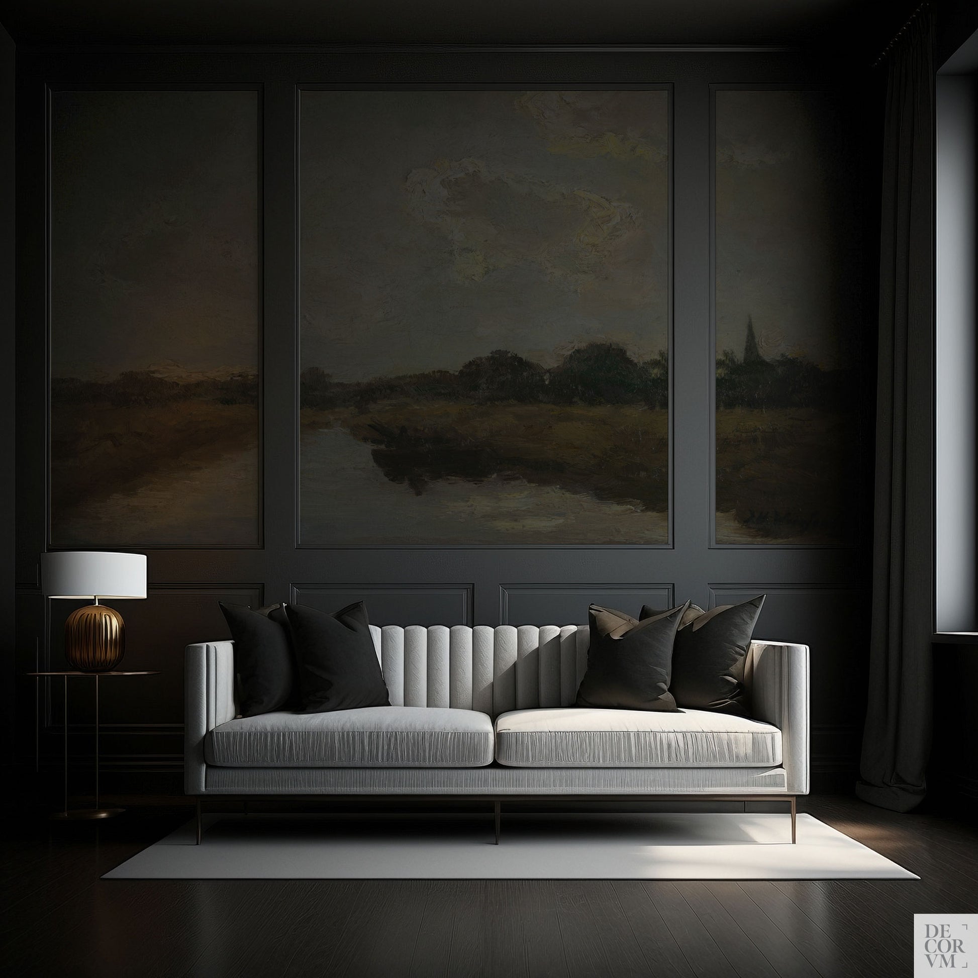 Oil painting landscape wallpaper mural installed into multiple moulding panels in a dark living room with dark walls
