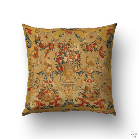 Arabesques with Birds throw pillow cover on a white background