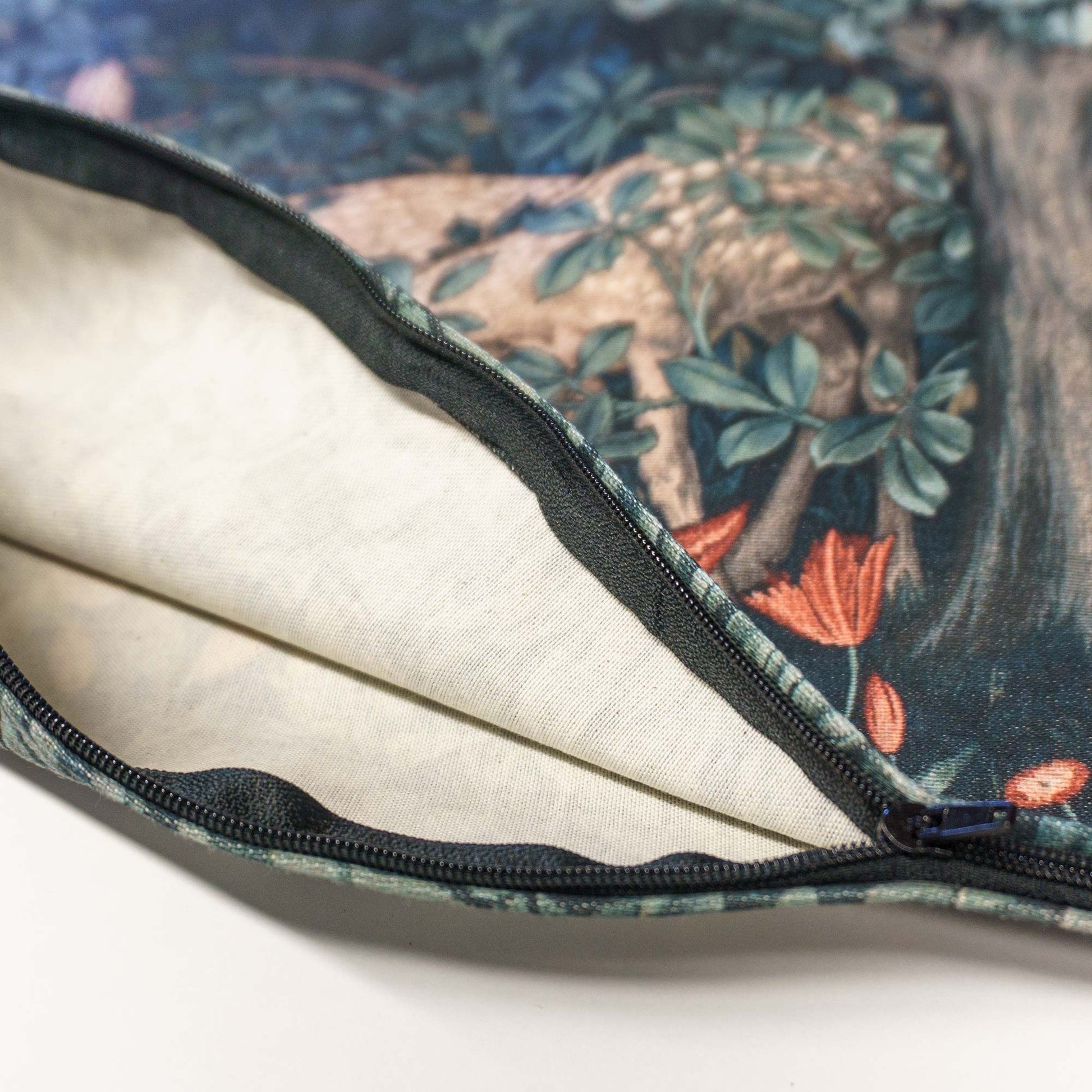 Greenery with Deers throw pillow cover detail of zipper opened and fabric inside
