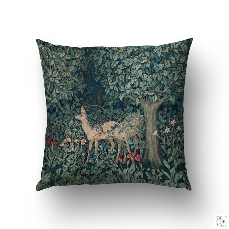 William Morris Greenery cushion cover with deer and forest foliage on a clean white background — Arts and Crafts design.