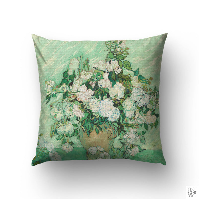 Van Gogh Roses throw pillow cover on a sofa — 1890 Post-Impressionist still life of white blooms on sage green by Decorvm.