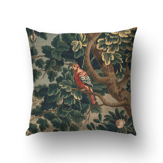 Mockup side A: red parrot among verdure leaves on Verdure Château Birds square throw pillow cover; French tapestry style.