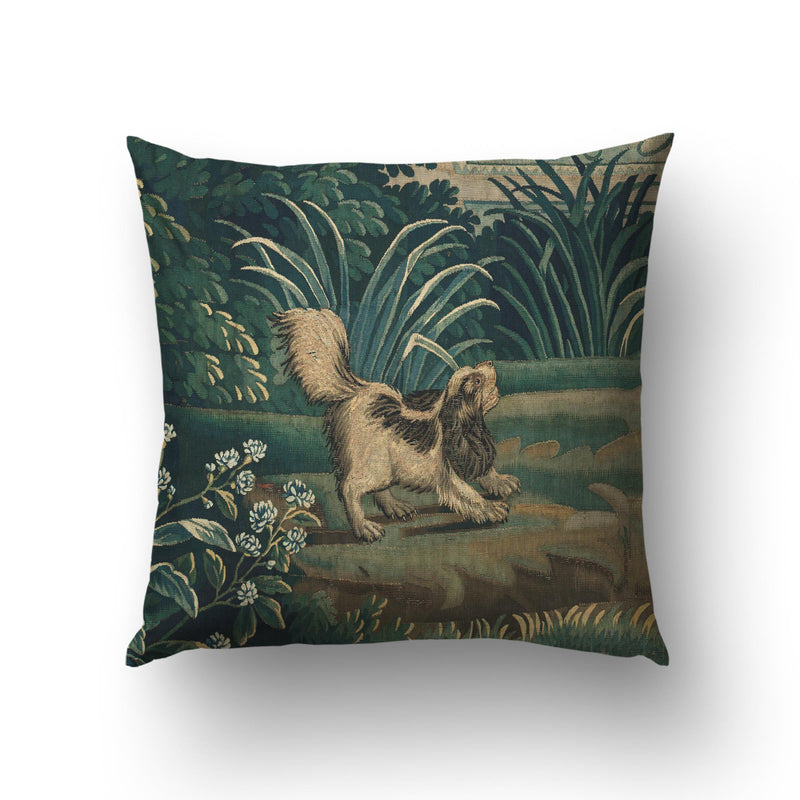 Verdure Chateau Hound & Bird cushion cover — side A featuring a small hound resting in green foliage from an 18th-century French verdure tapestry.