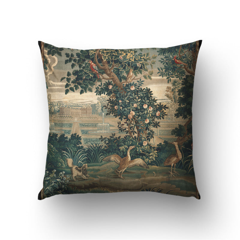 French Verdure Chateau throw pillow cover with garden birds, foliage, and 18th century castle scene on a white background.