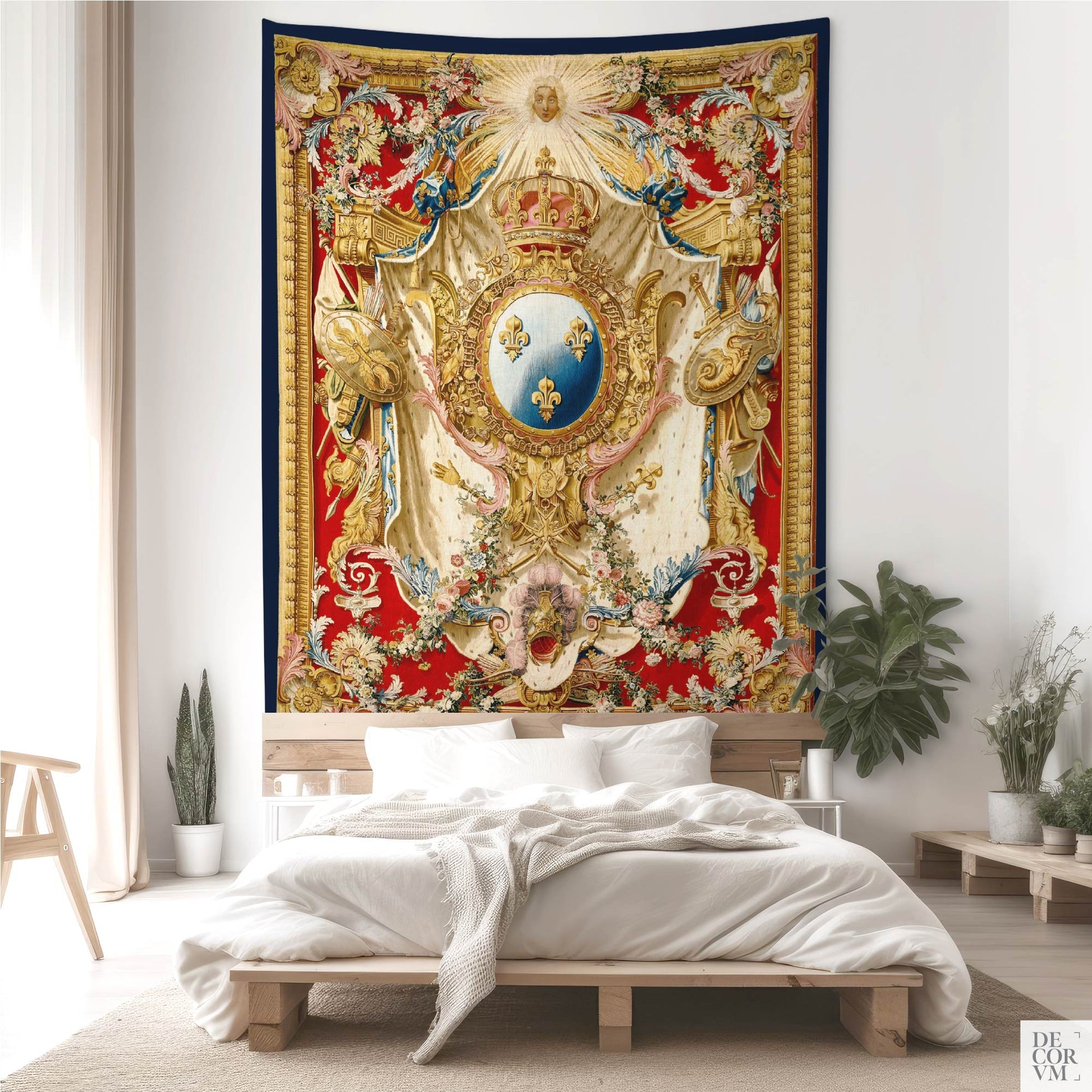 Large-sized Louis XV heraldic tapestry displayed in a minimalist bedroom with light wood and white decor.