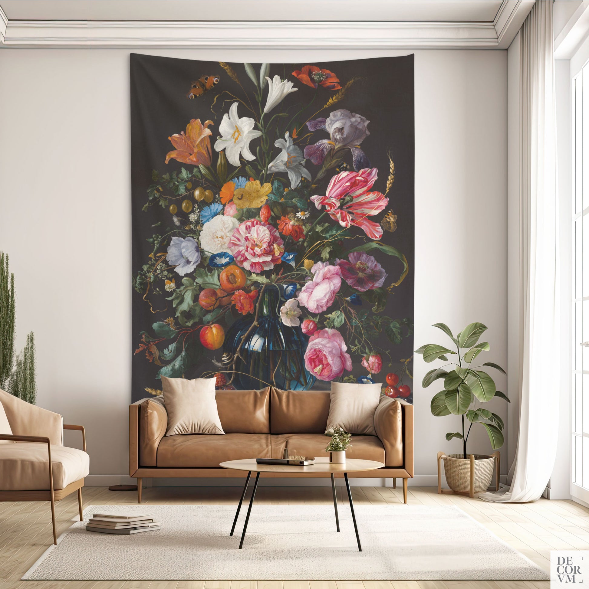 Dutch Floral Tapestry large-sized in a living room with earthy tones