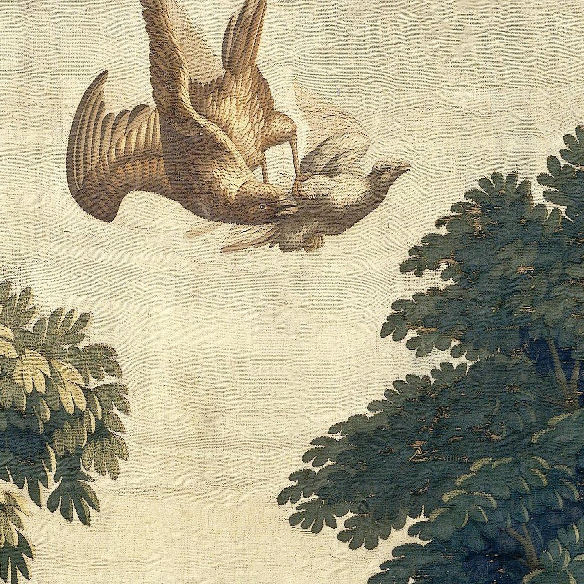 Forest and River wall hanging fabric detail of an eagle attacking a dove