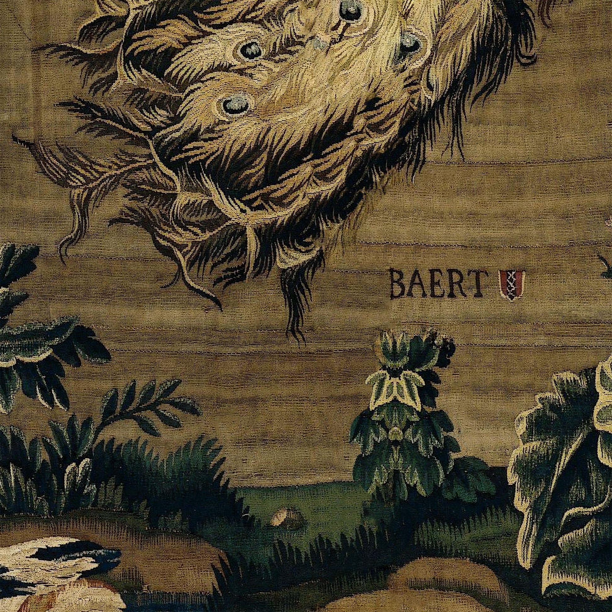 Forest and River wall hanging fabric detail of the family name BAERT and badge