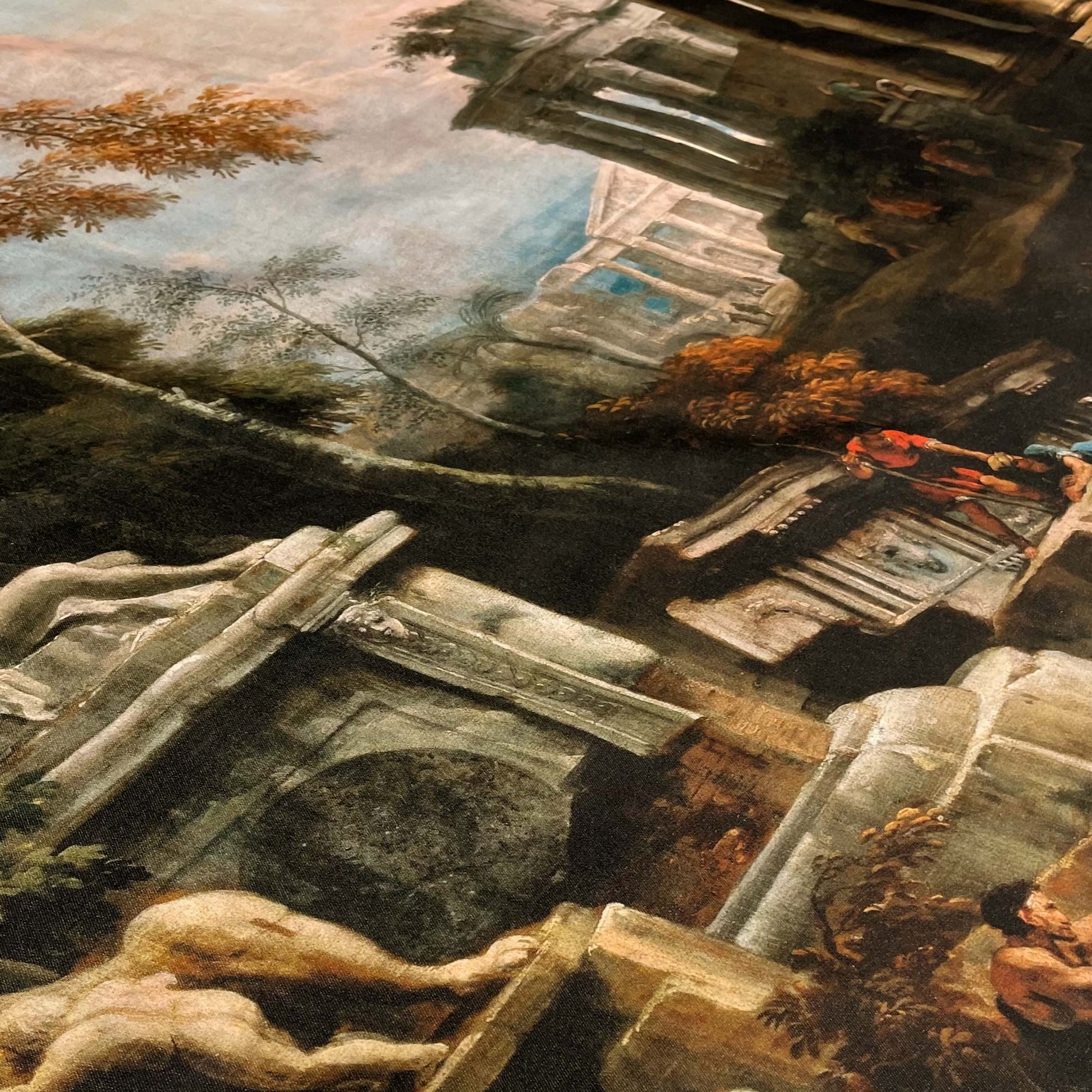 Angled view of the tapestry’s printed surface showing texture, depth, and fine detail from the classical ruins painting.