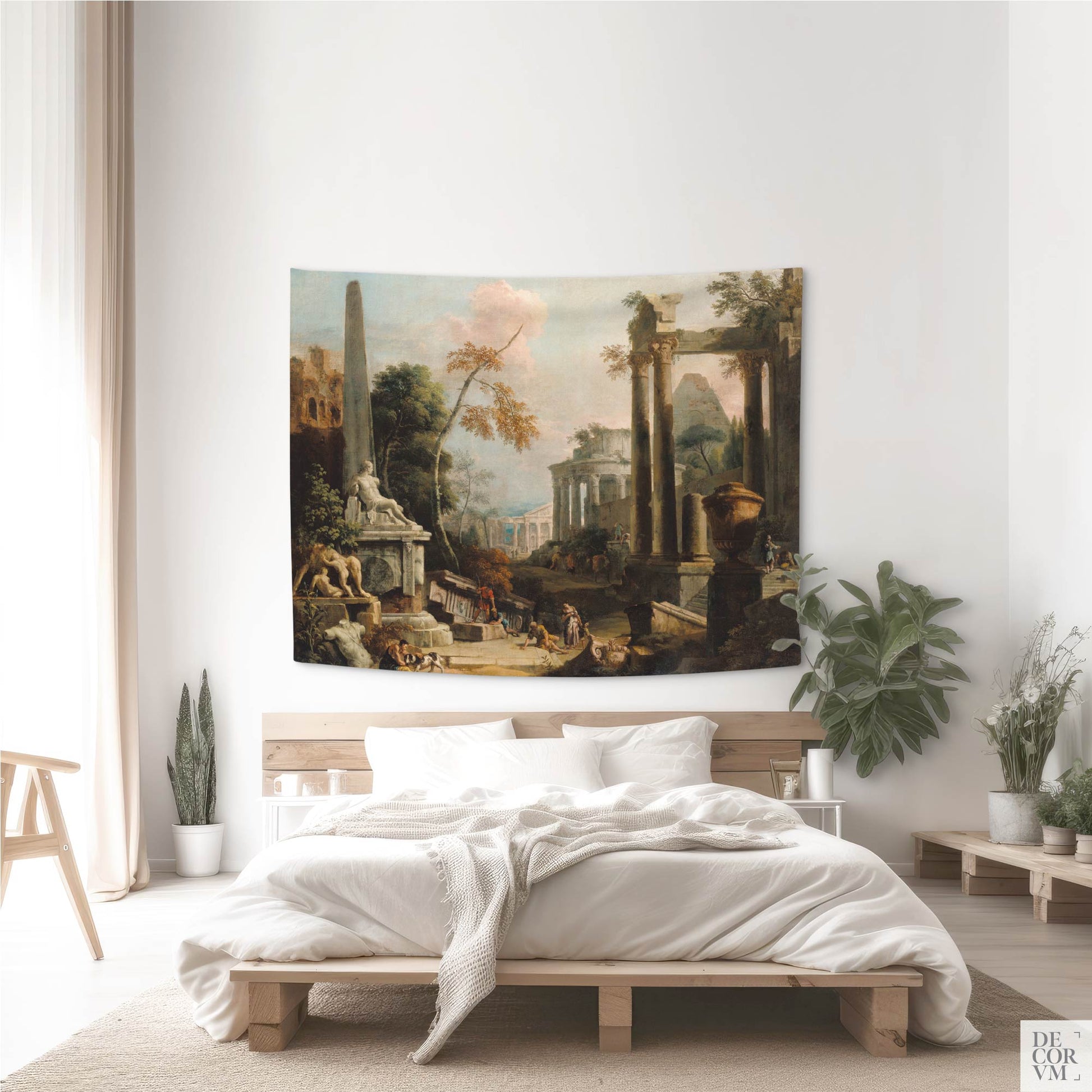 Medium-sized wall tapestry depicting classical ruins, displayed in a bright bedroom with indoor plants and natural light.