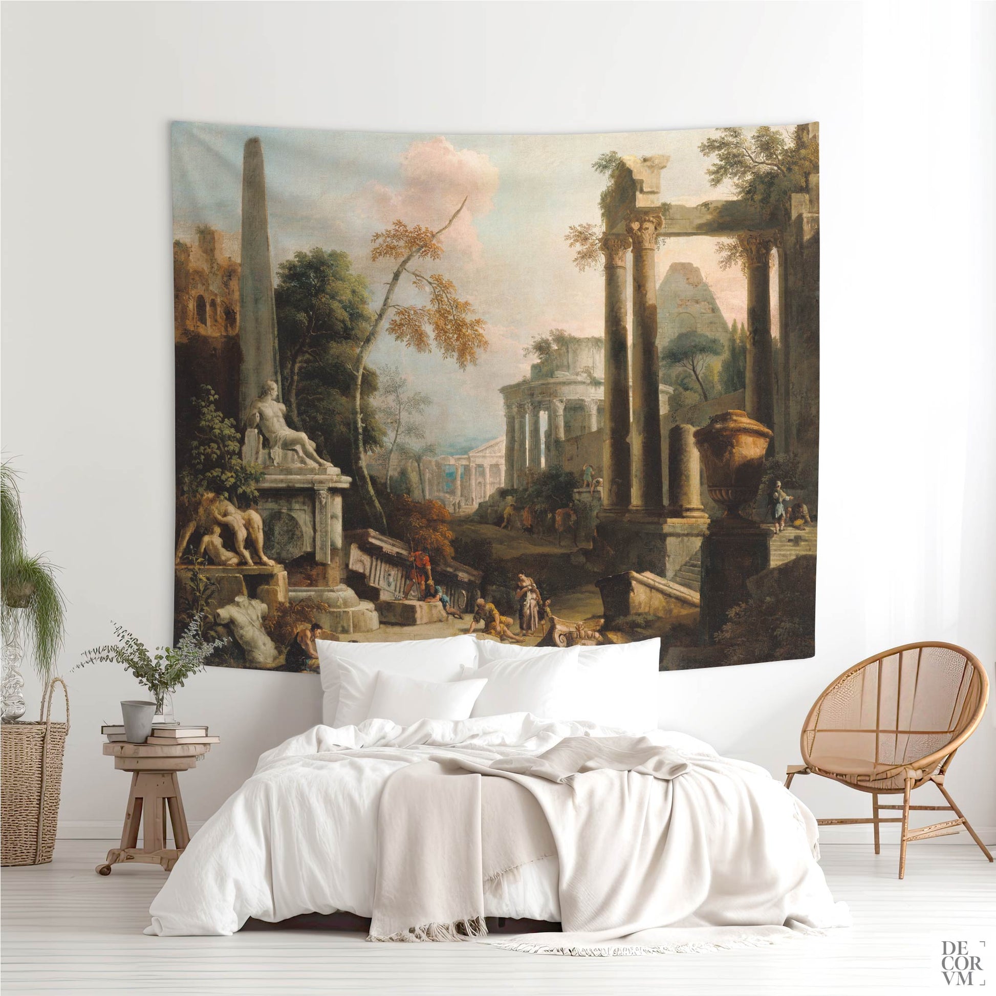 Large wall tapestry featuring an 18th-century classical landscape, styled in a cozy bedroom with white bedding and natural decor.