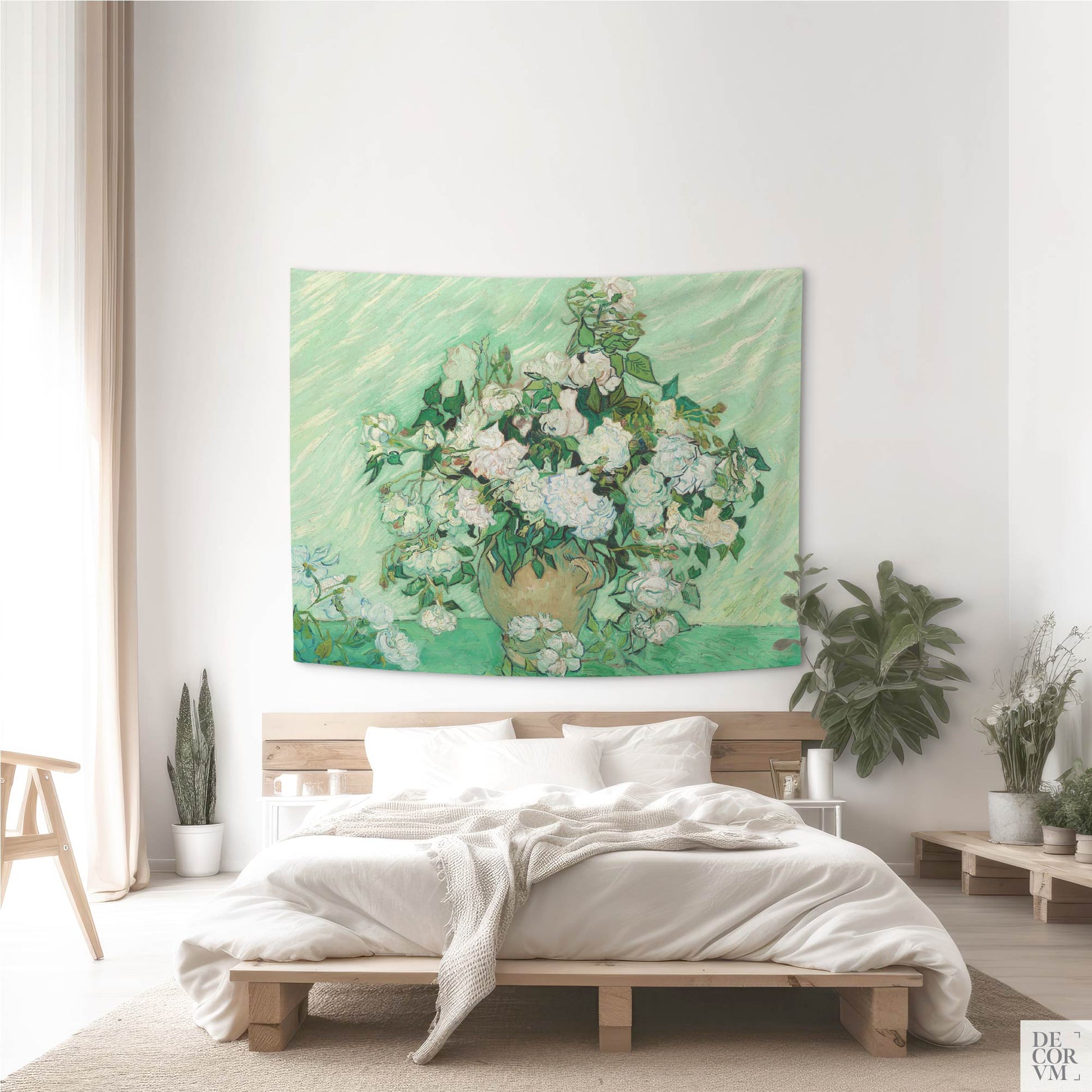 Medium-size Van Gogh roses tapestry used as wall decor above a low-profile wooden bed in a minimal boho bedroom.