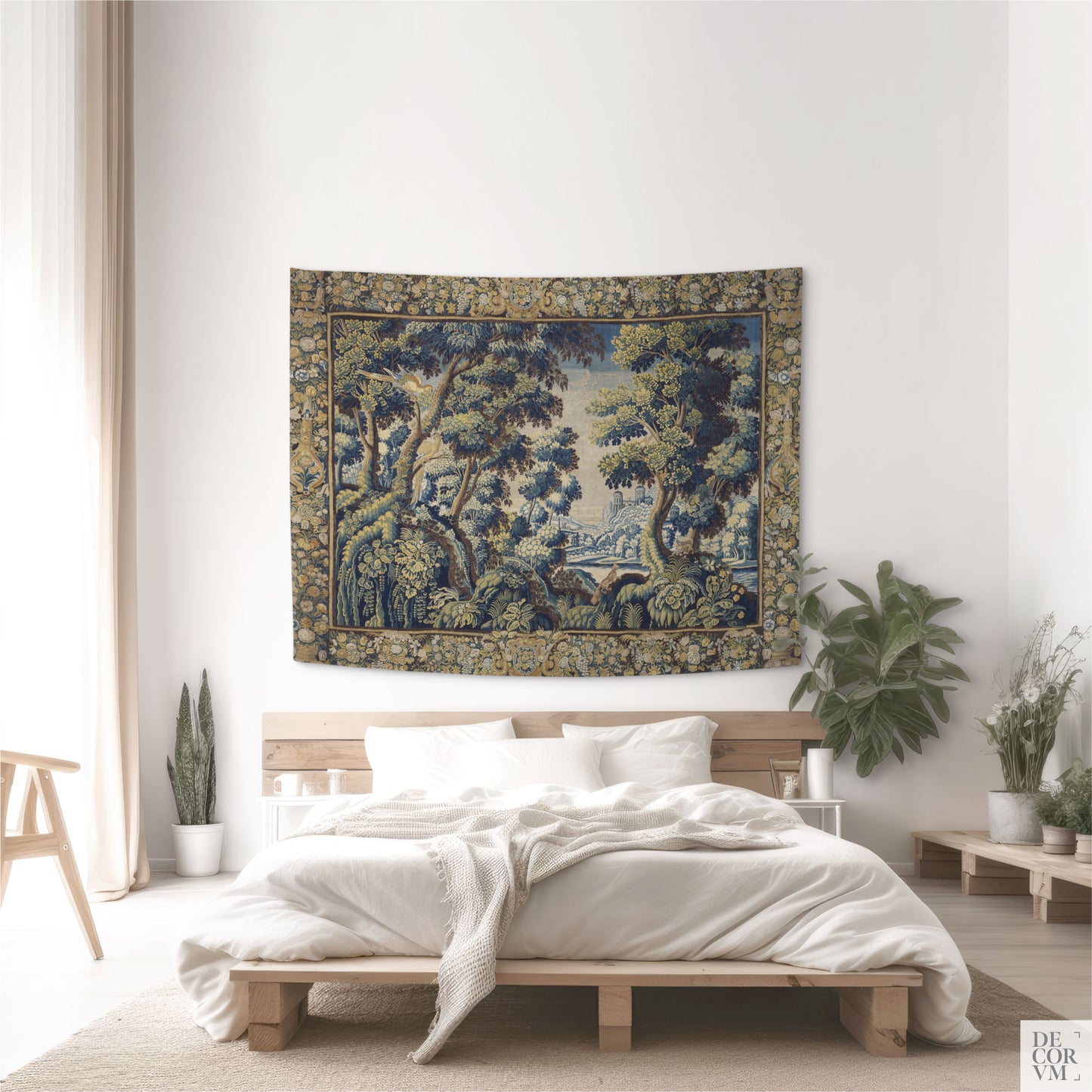 Medium size verdure wall tapestry in cotton blend decorating a bedroom wall