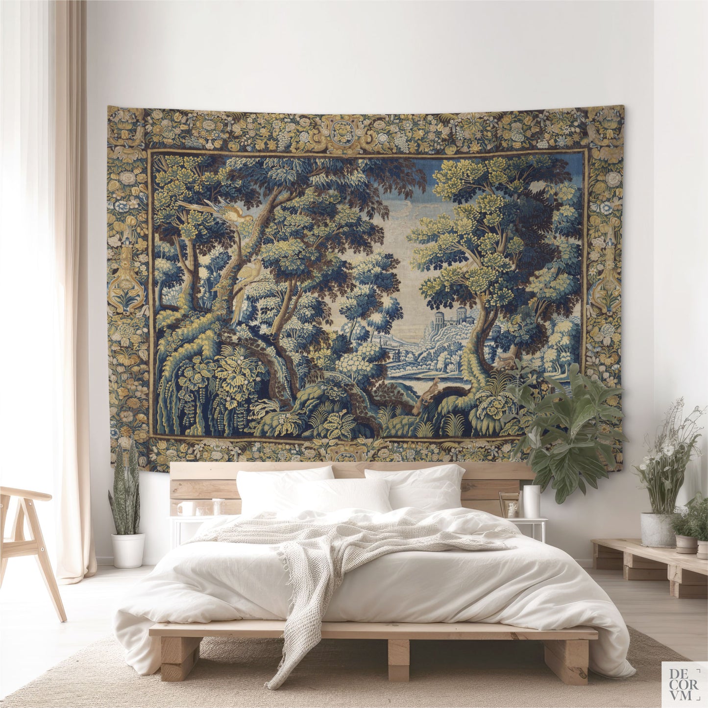 Large size verdure wall tapestry in cotton blend decorating a bedroom wall