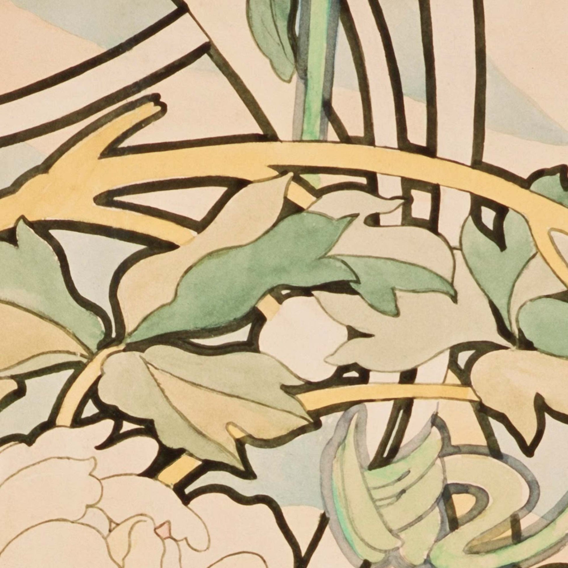 Alphonse Mucha Peonies wallpaper close-up of leaves and lines