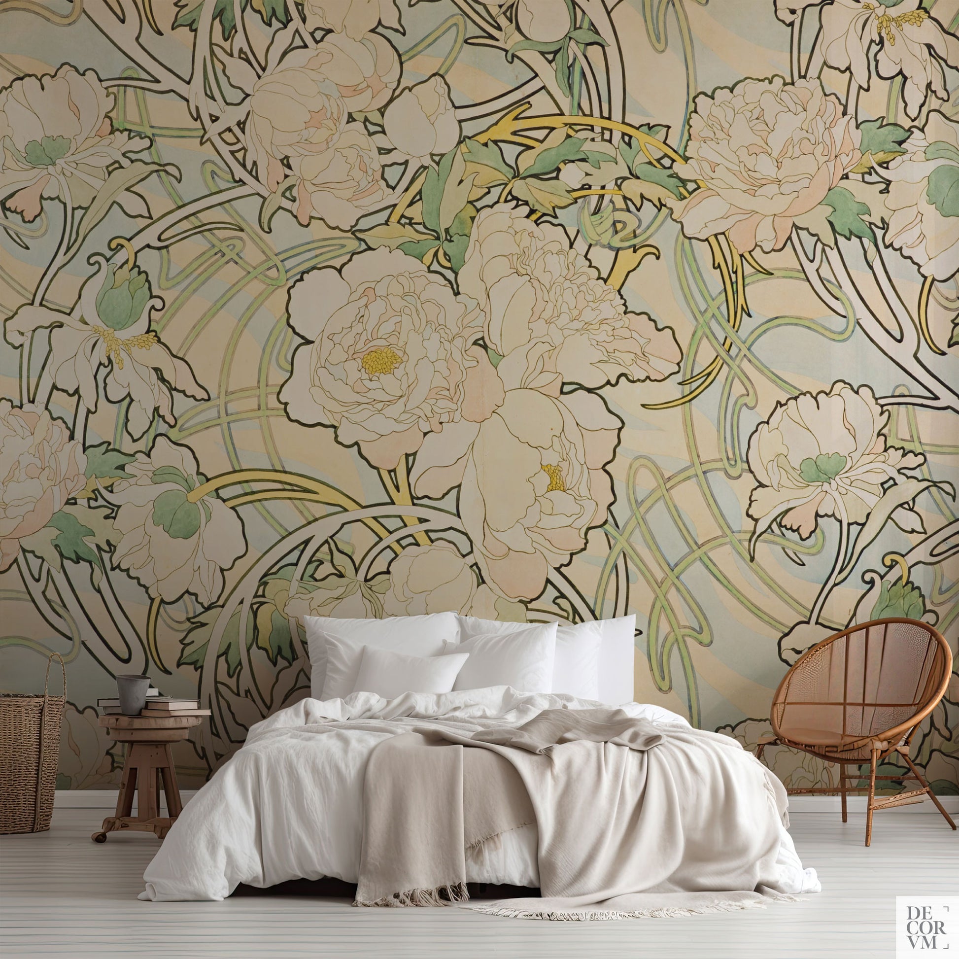 Alphonse Mucha Peonies wallpaper in a bedroom