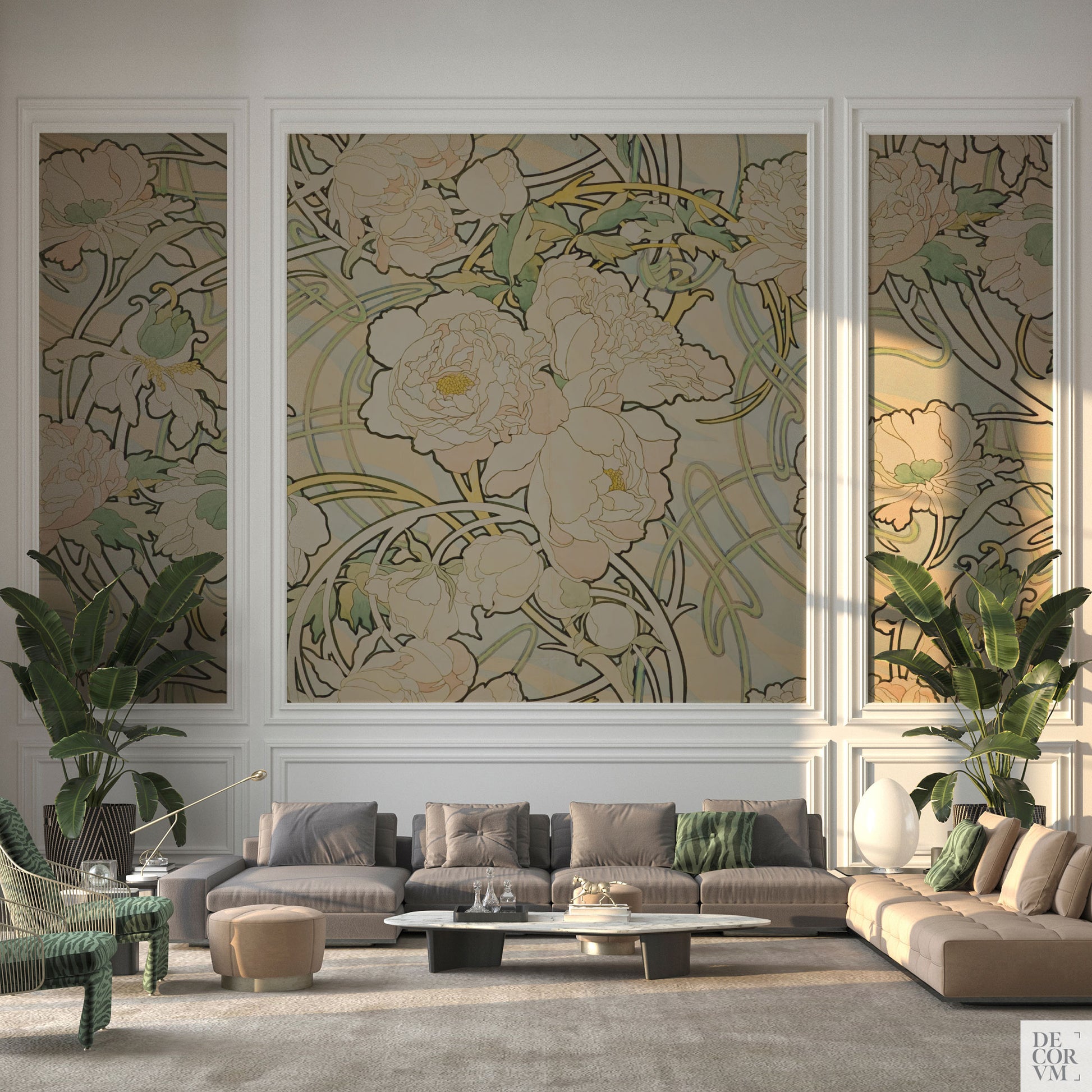 Alphonse Mucha Peonies wallpaper in a large living room installed inside moulding panels on the wall