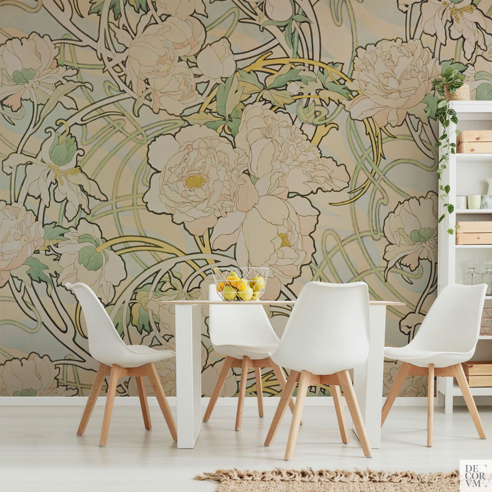 Alphonse Mucha Peonies wallpaper in a dining room