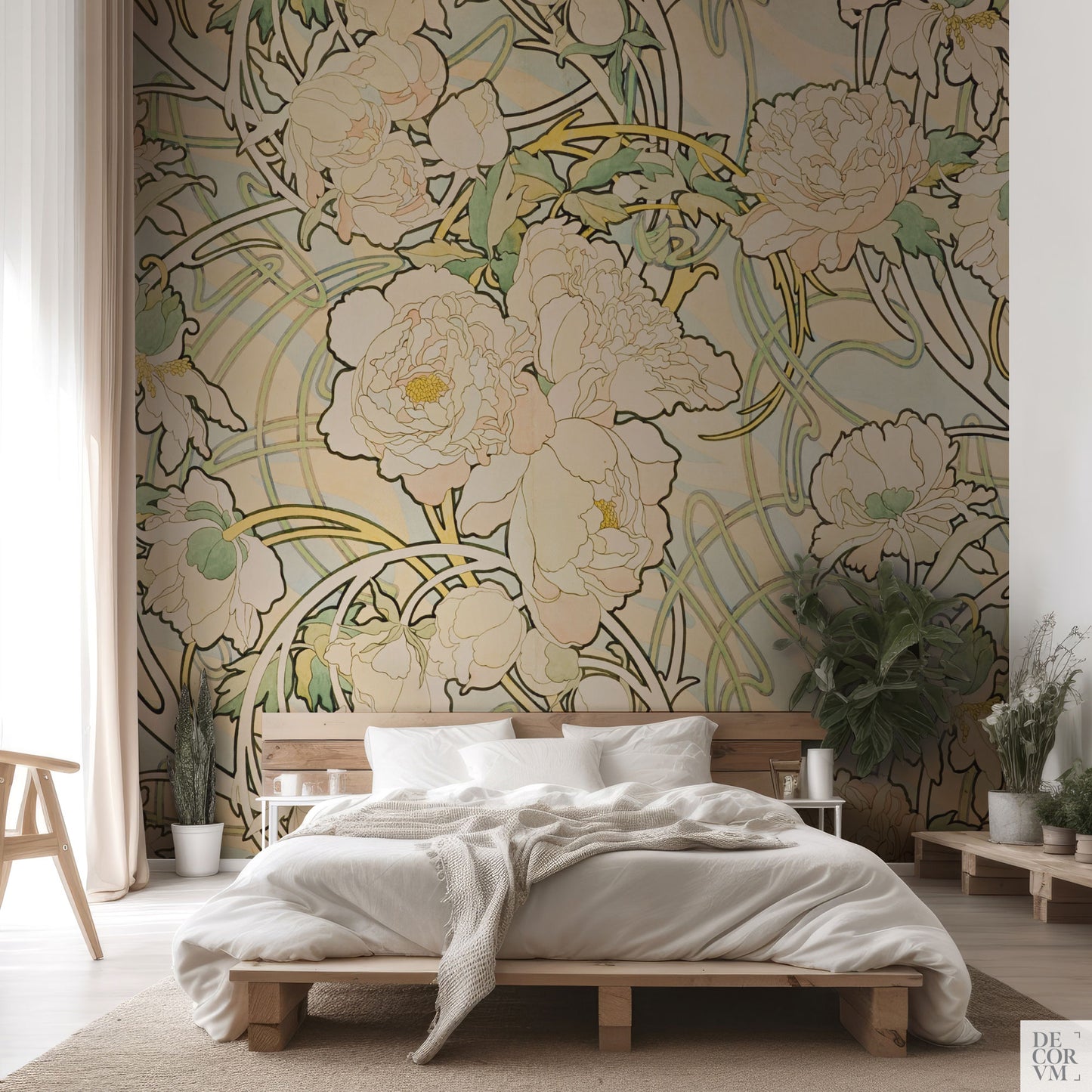 Alphonse Mucha Peonies wallpaper in a bedroom with plants