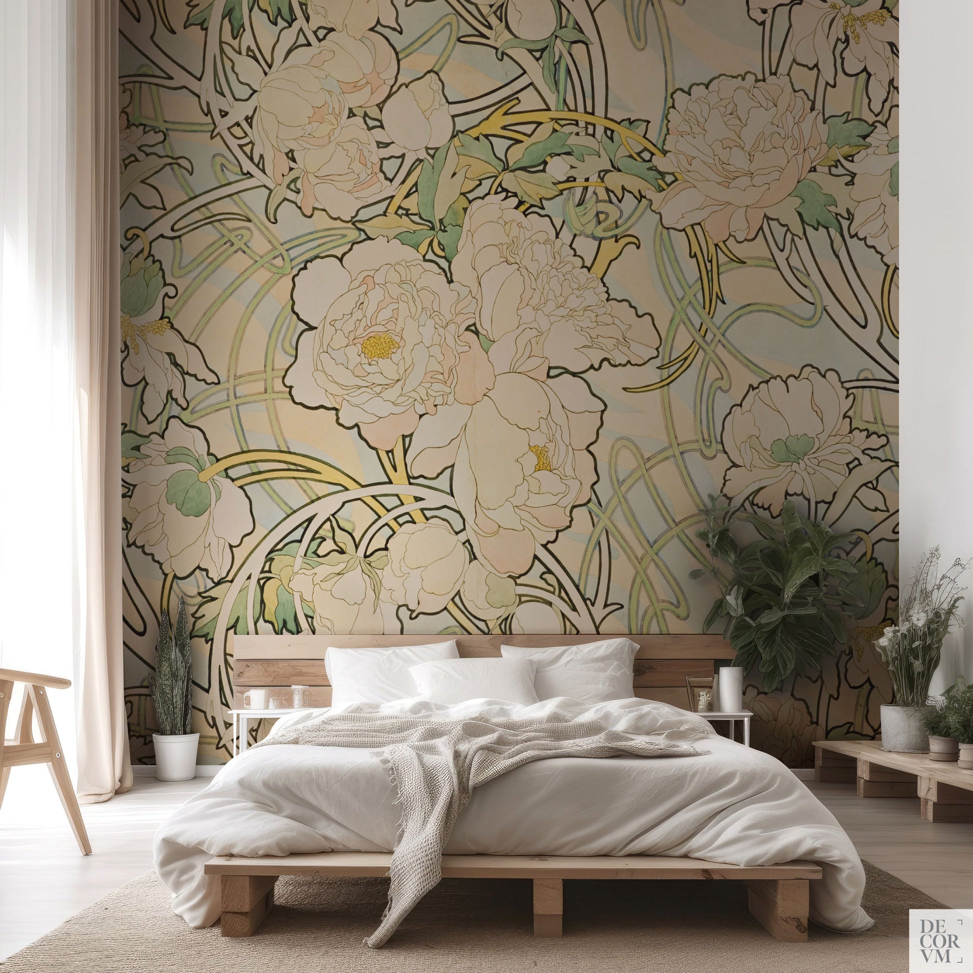 Alphonse Mucha Peonies wallpaper in a bedroom with plants