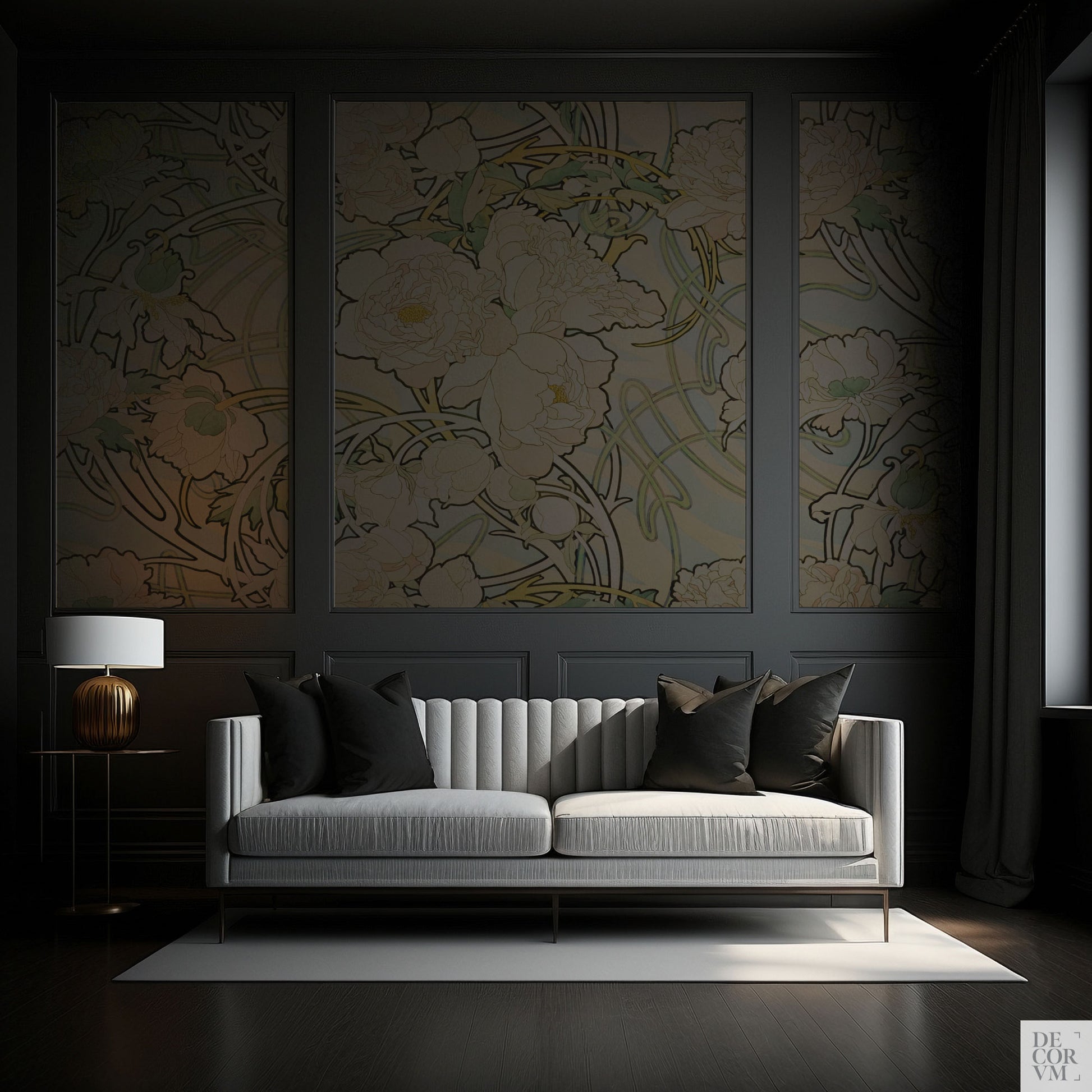 Alphonse Mucha Peonies wallpaper in a modern and dark living room installed inside molding panels on the wall
