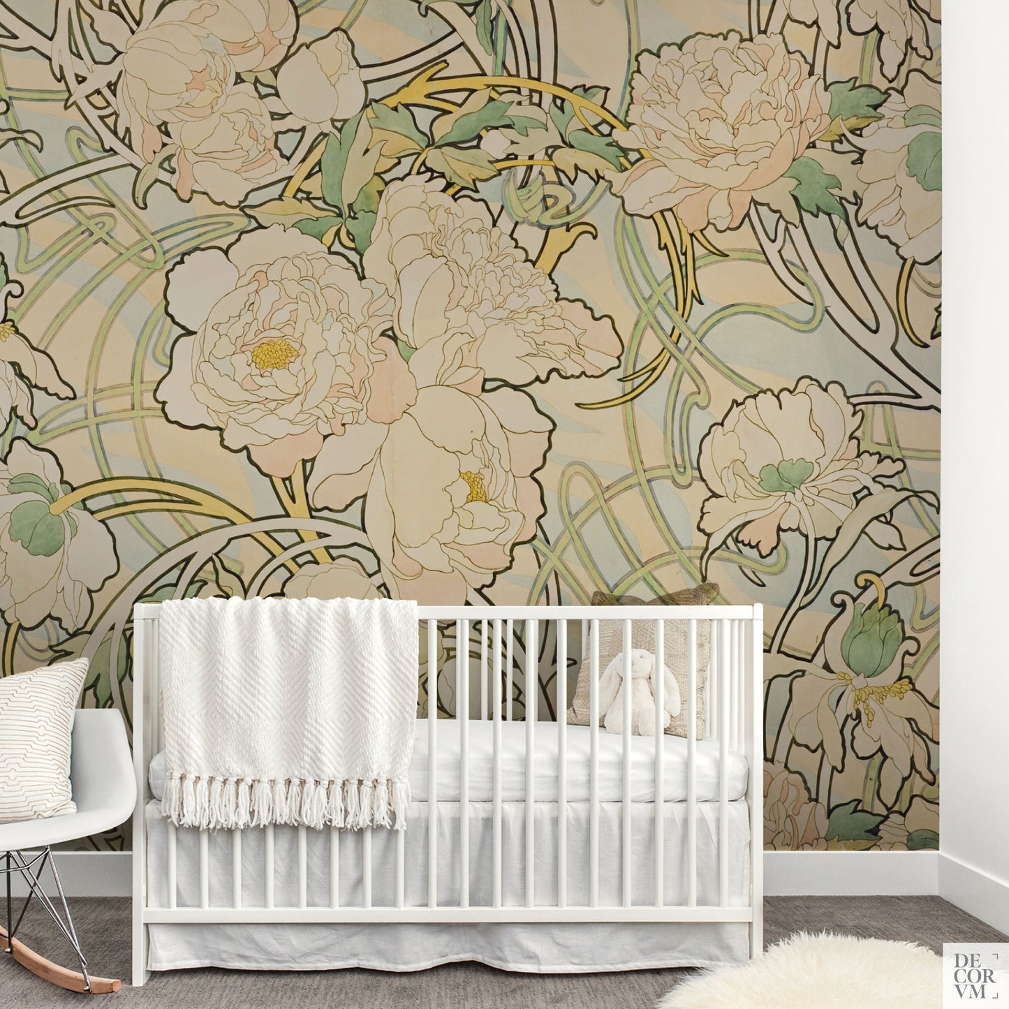 Alphonse Mucha Peonies wallpaper in a nursery with a white cradle