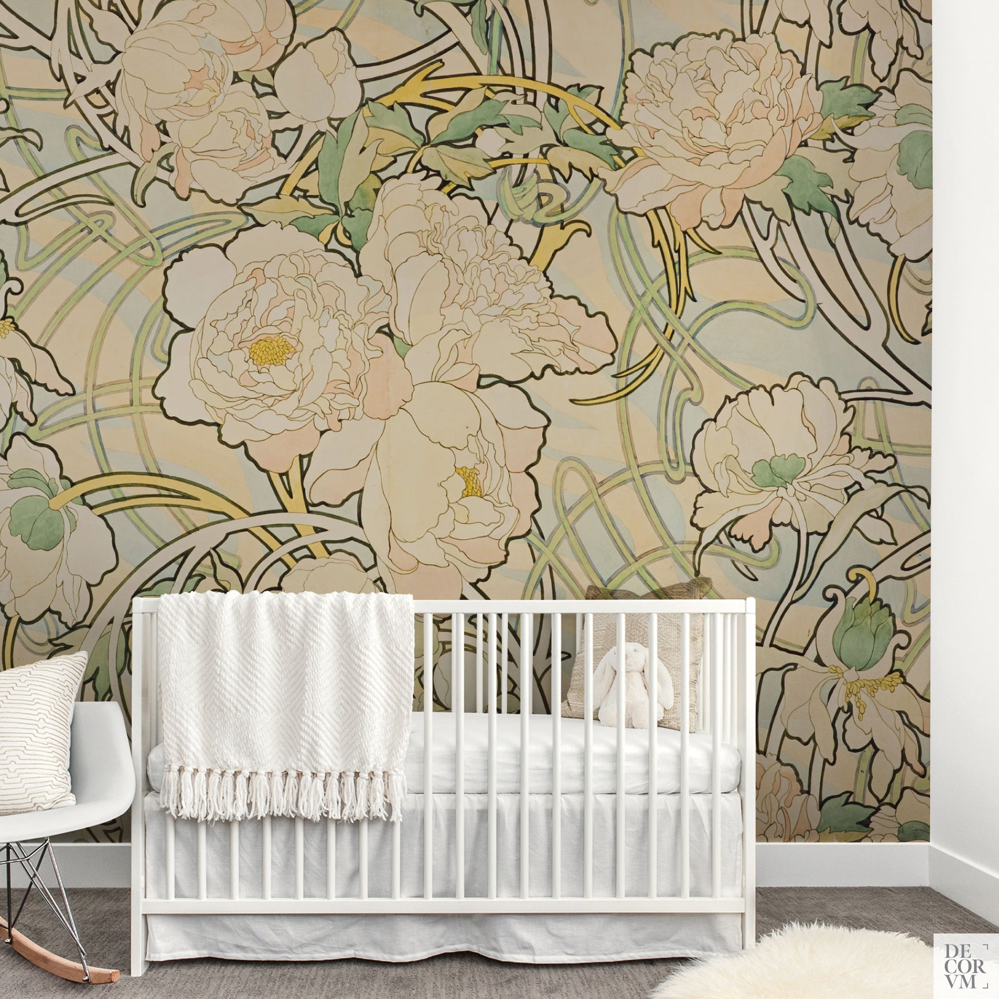 Alphonse Mucha Peonies wallpaper in a nursery with a white cradle